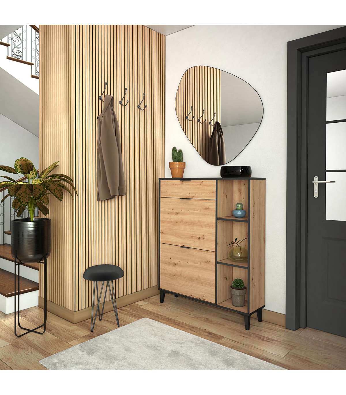 Mueble Zapatero María Con 2 Trampones, 1 Cajón Y Estantes En Roble Albar. 90cm(ancho) 11_5
