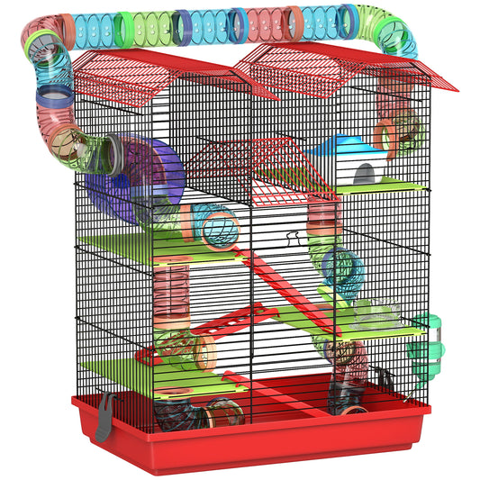 Pawhut Jaula Para Hámster De 5 Niveles 47x30x59 Cm Con Casita Escaleras Rojo_0