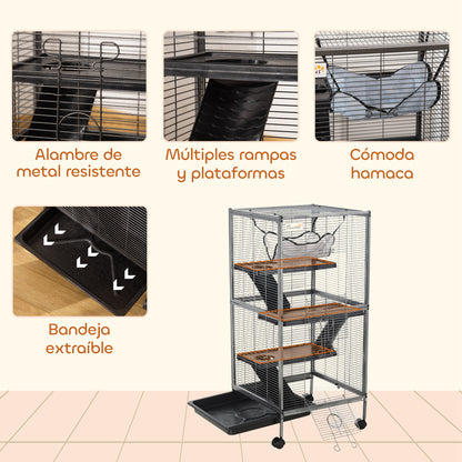 Pawhut Jaula Para Animales Pequeños De 4 Niveles Con Ruedas 52x52x113,5cm Gris_5