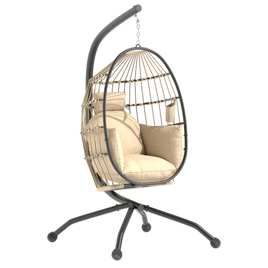 Outsunny Silla Colgante Huevo Con Soporte Cesta Plegable Cojín Carga 120kg Caqui_0