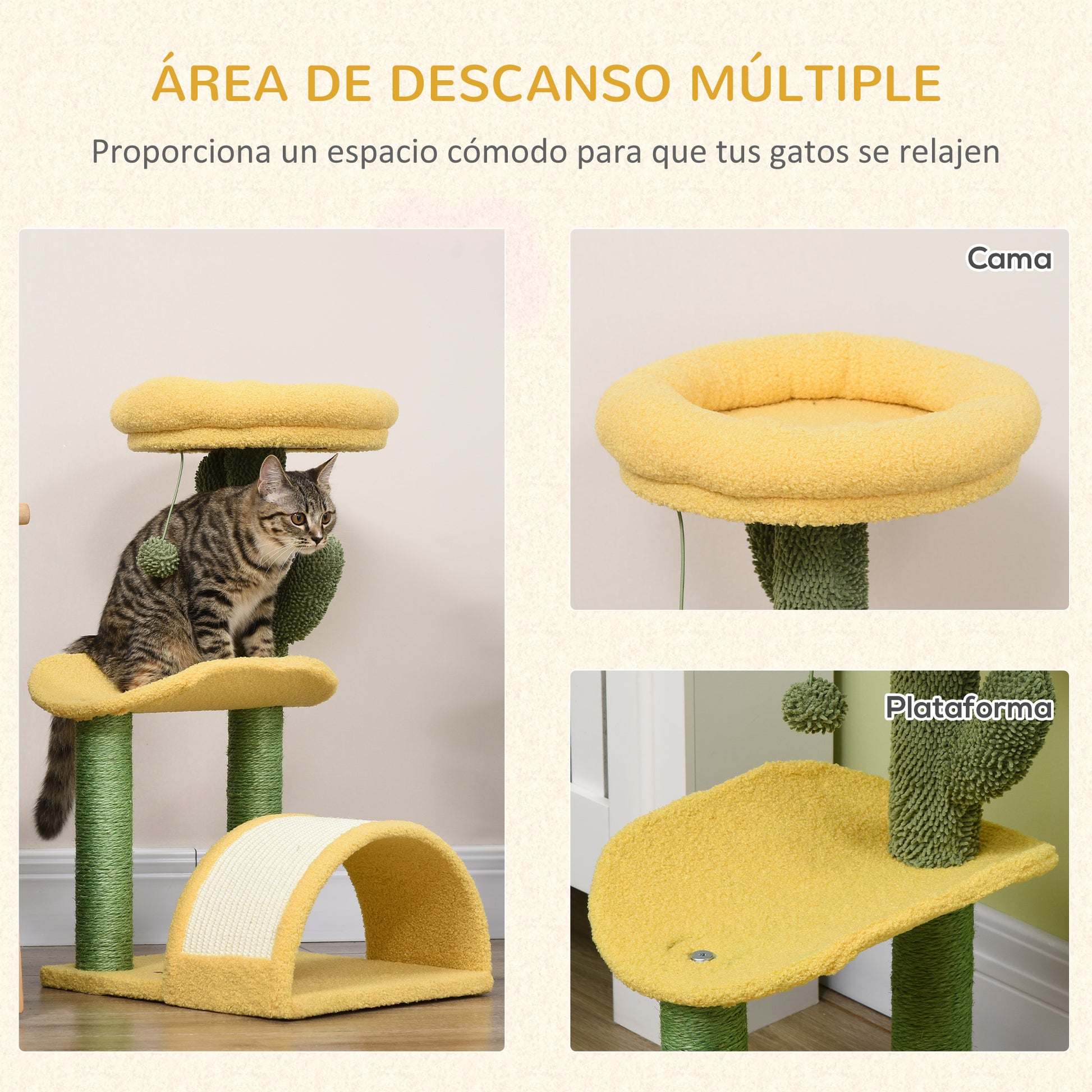 Pawhut Árbol Rascador Para Gatos Con Cama Poste De Sisal Rascadora 40x35x72 Cm_3