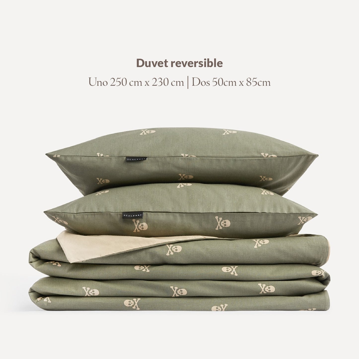 Set Cama (funda Nórdica 250x230cm + 2 Fundas Almohada 50x85cm) 100% Algodón 144tc Beige & Khakhi Calaveras Scalpers Home