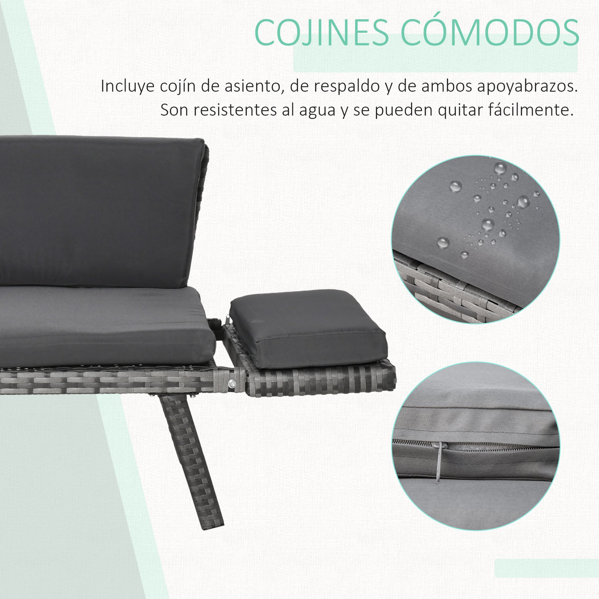 Outsunny Sofá De Ratán 2 Plazas Convertible Cama Con Cojines Acolchados Gris_5