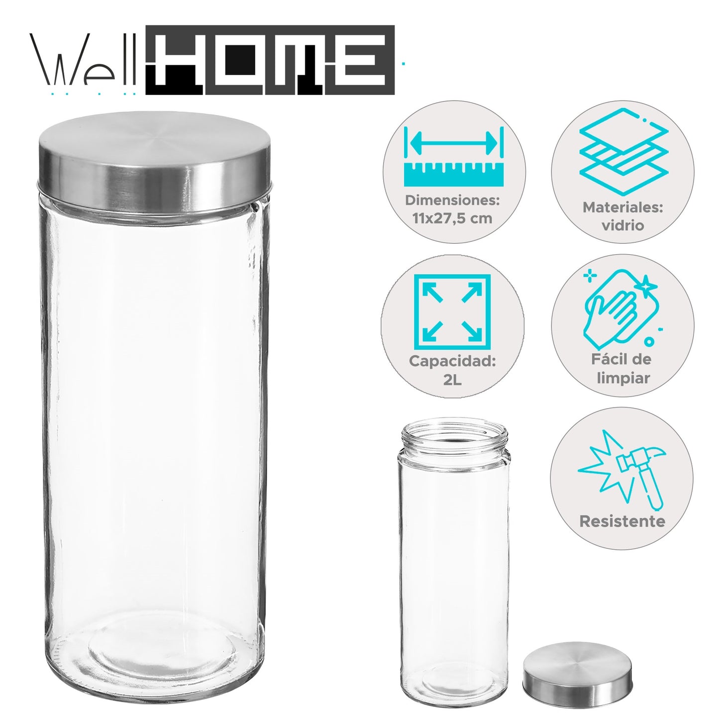 Well Home Tarro Hermético Ø11x27cm De Vidrio Y Acero Inoxidable 2l