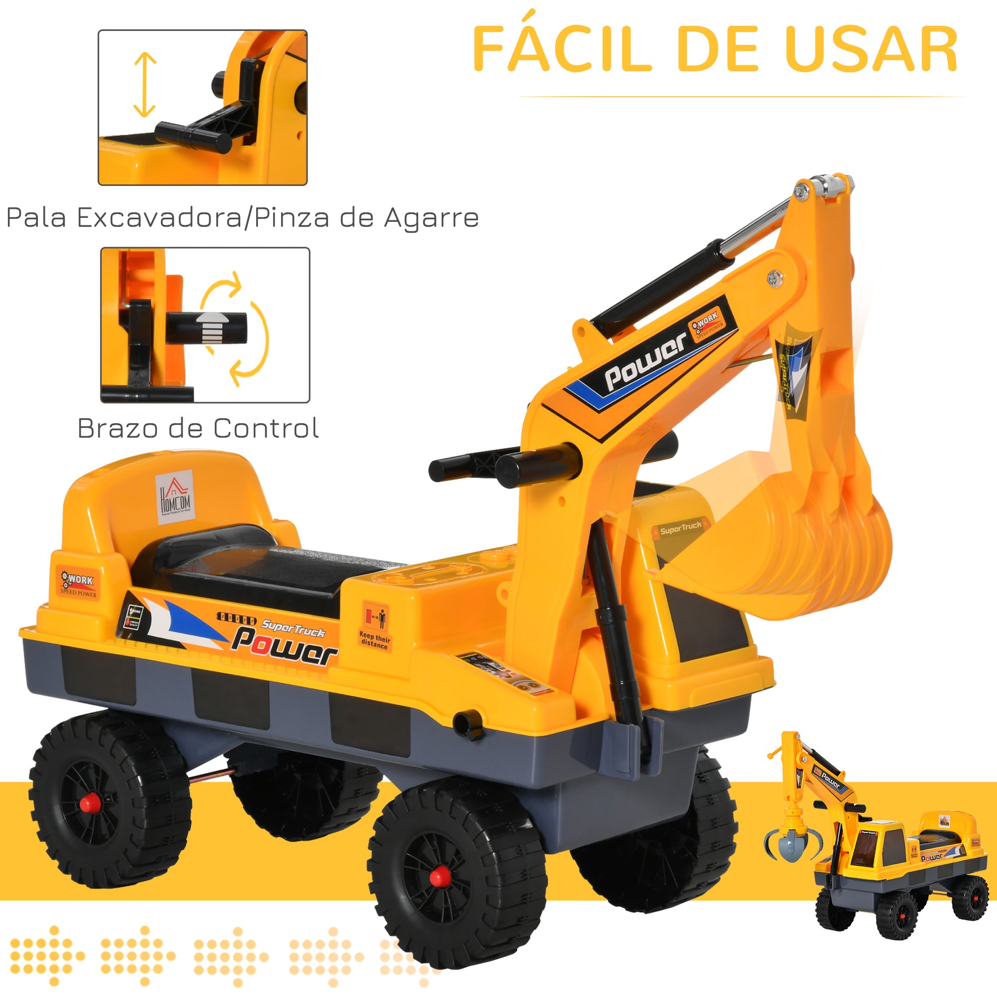 Homcom Tractor Para Niños De 2-3 Años Con Pala Excavadora Luces Música Y Espacio_4