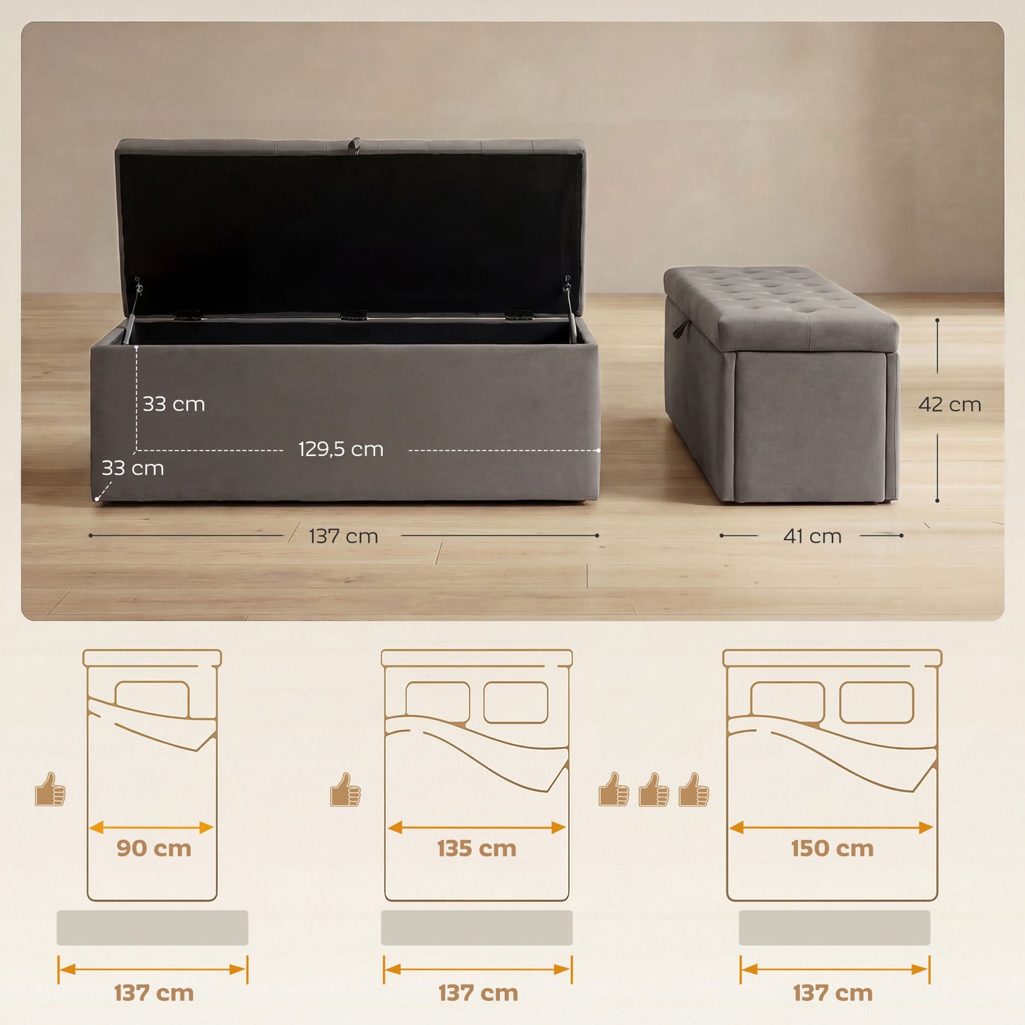Homcom Puff Almacenaje Banco Almacenaje 141l 137x41x42 Cm Carga 240 Kg Gris_2