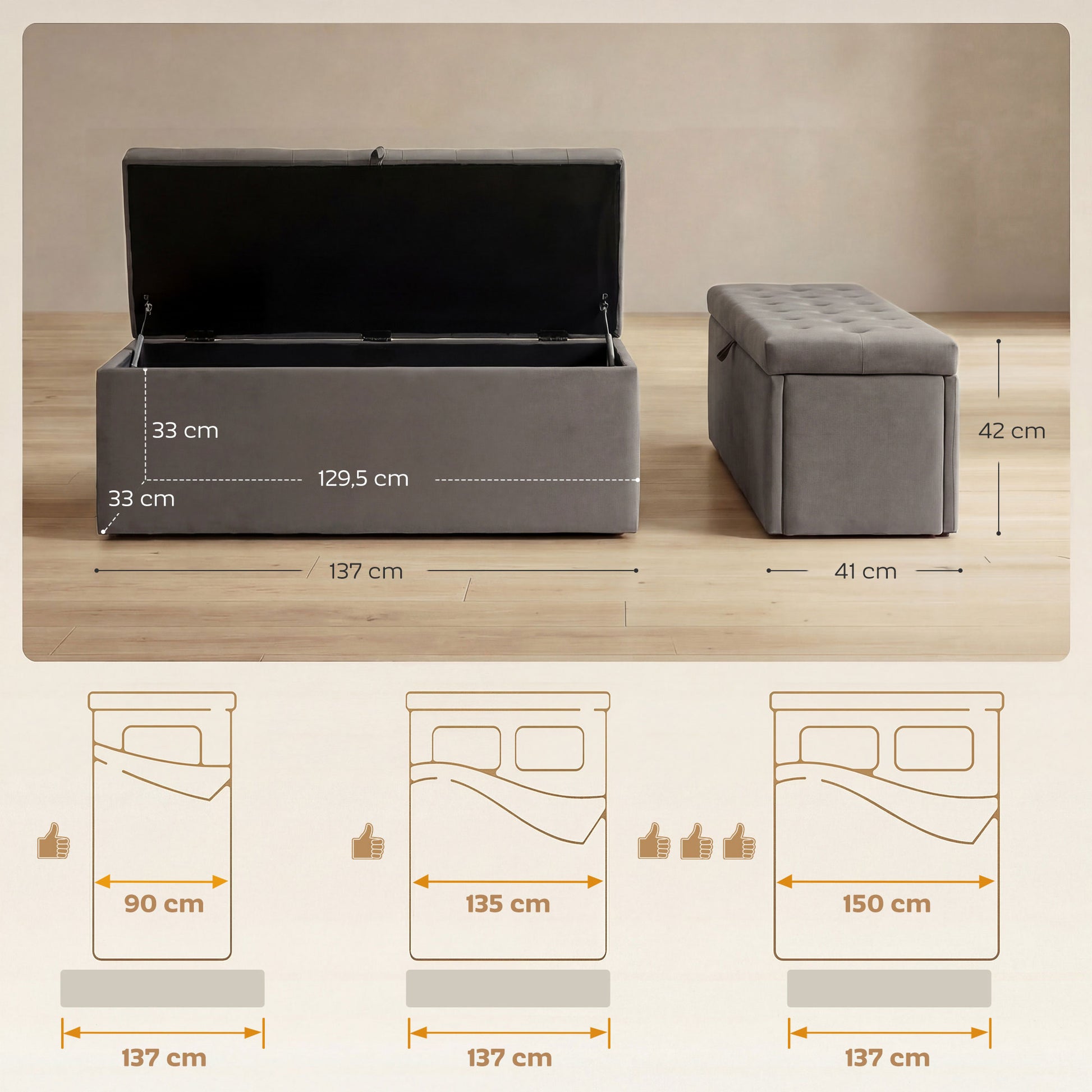 Homcom Puff Almacenaje Banco Almacenaje 141l 137x41x42 Cm Carga 240 Kg Gris_2