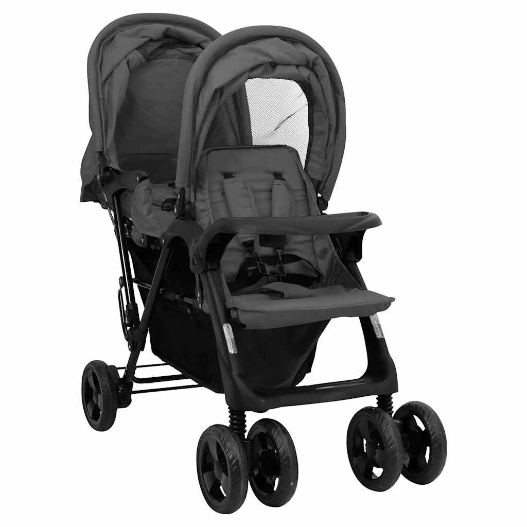 Vidaxl Carrito Para Gemelos Tandem De Acero Gris Oscuro_1