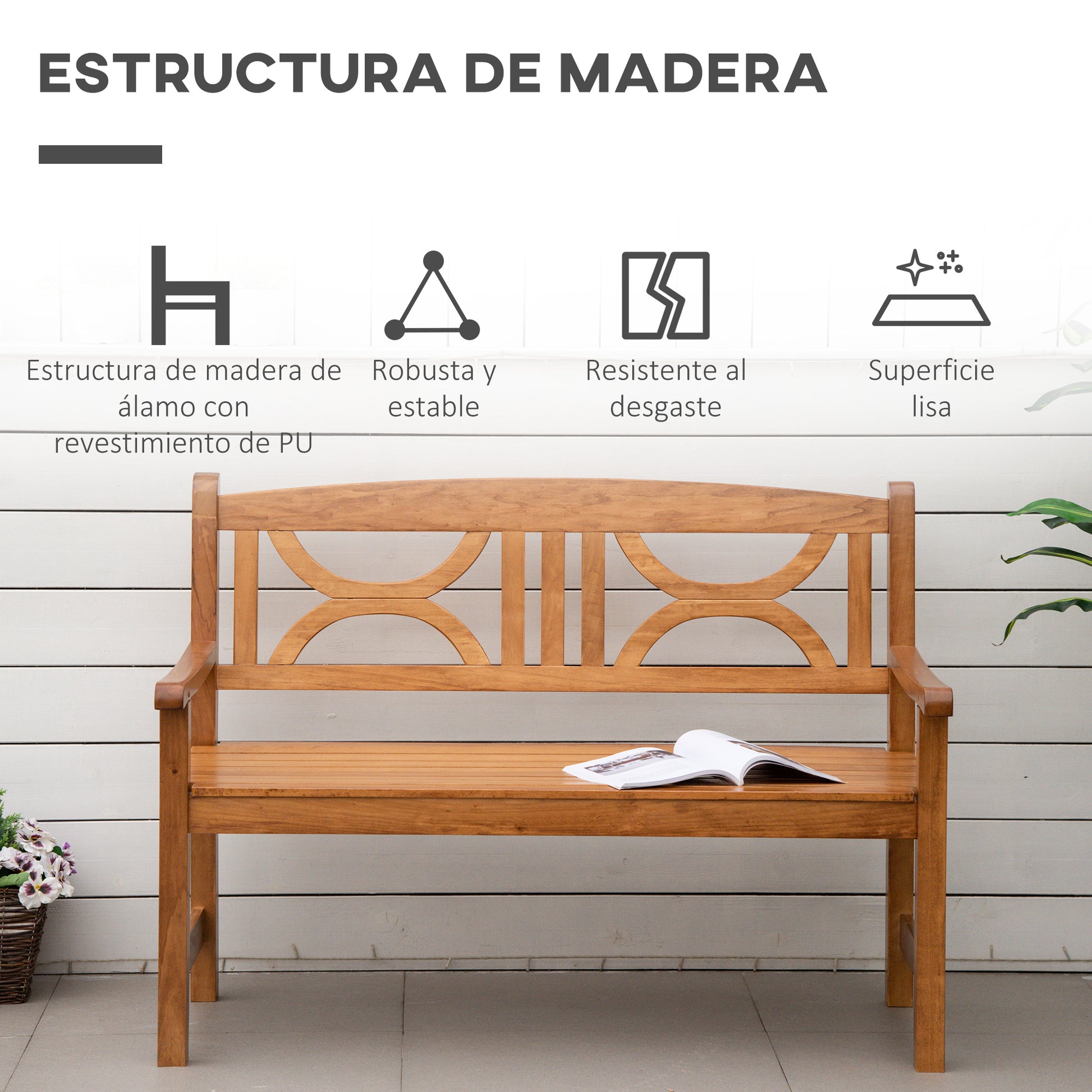 Outsunny Banco Madera Exterior 2 Plazas 123x61x89,5 Cm Con Reposabrazos Natural_5