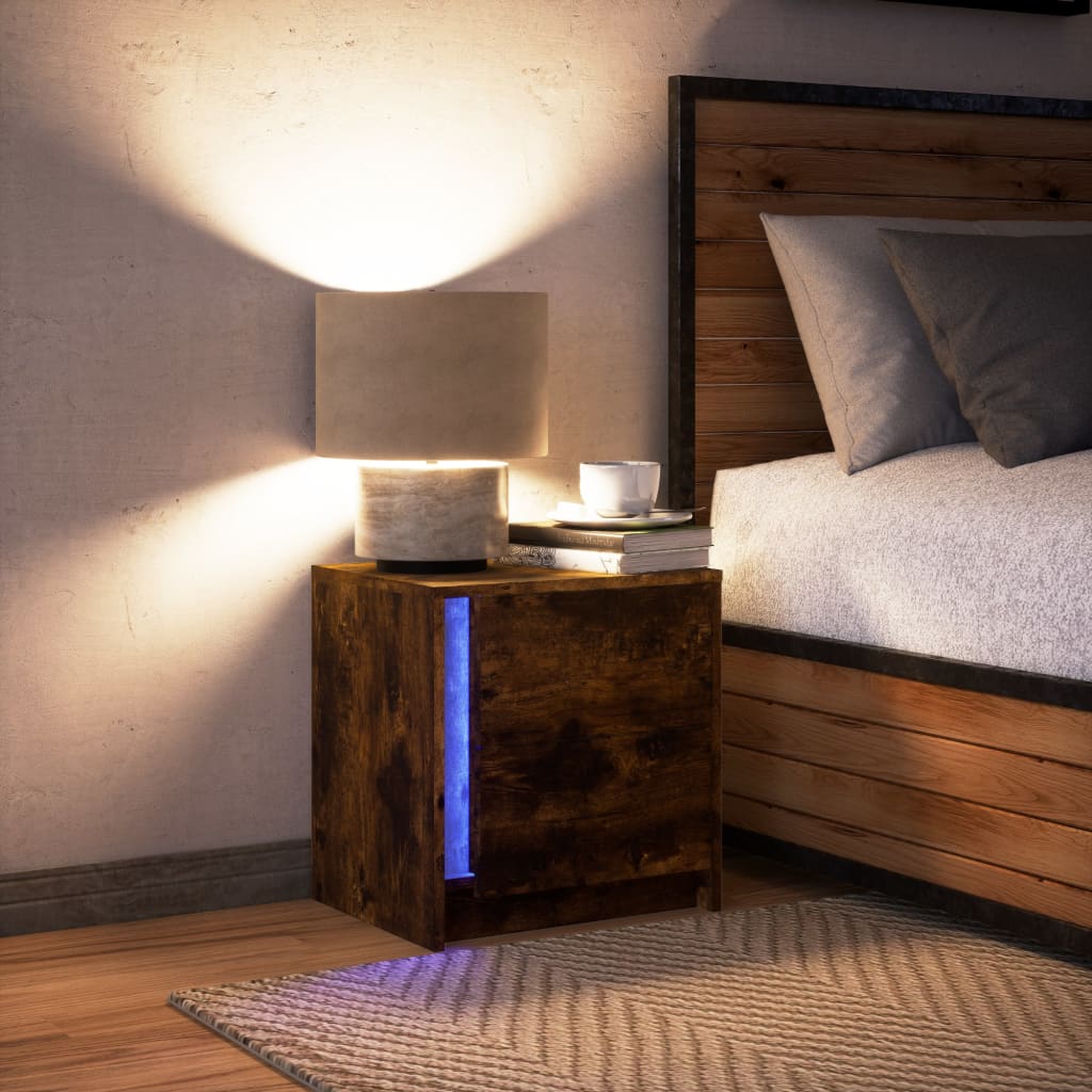 Mesita De Noche Con Luces Led Madera Ingeniería Roble Ahumado_3