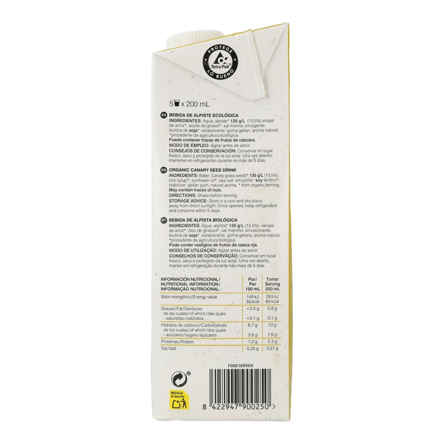 Pack 6L bebida vegetal de alpiste 100% vegetal Soria Natural 1L