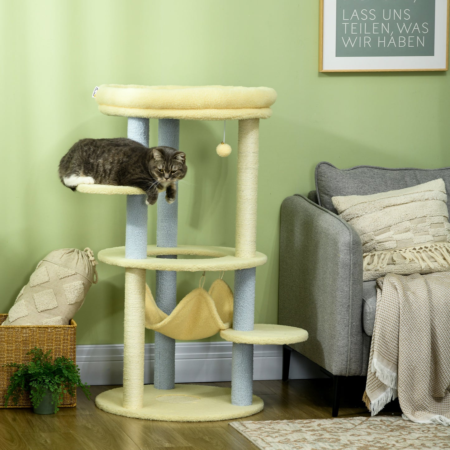 Pawhut Árbol Rascador Para Gatos Mediano 110 Cm Ø58x110 Cm Amarillo Y Azul_1