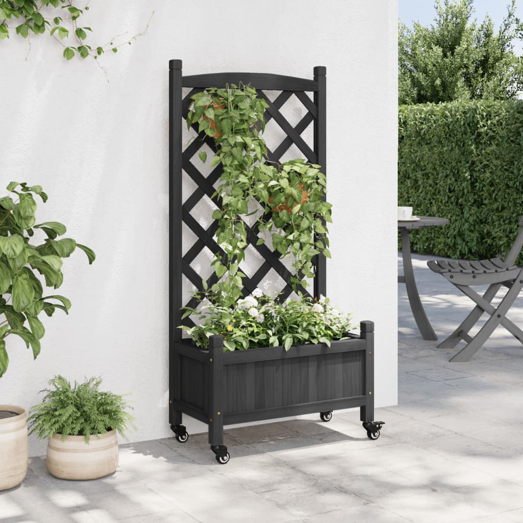 Jardinera Con Enrejado Y Ruedas Madera Maciza De Abeto Negro_2