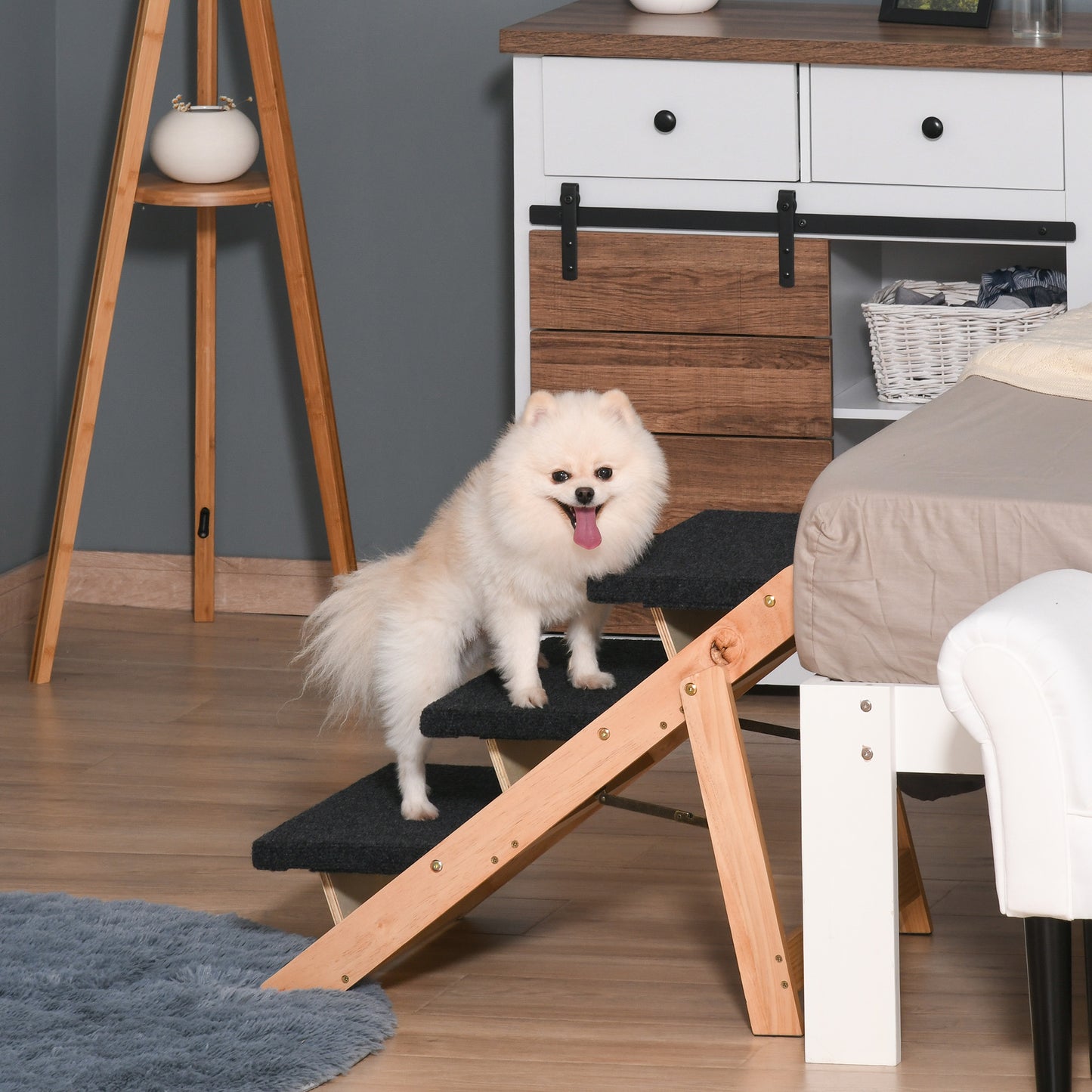 Pawhut Escalera De Madera Para Perros Plegable Rampa Con 3 Escalones Cama_1