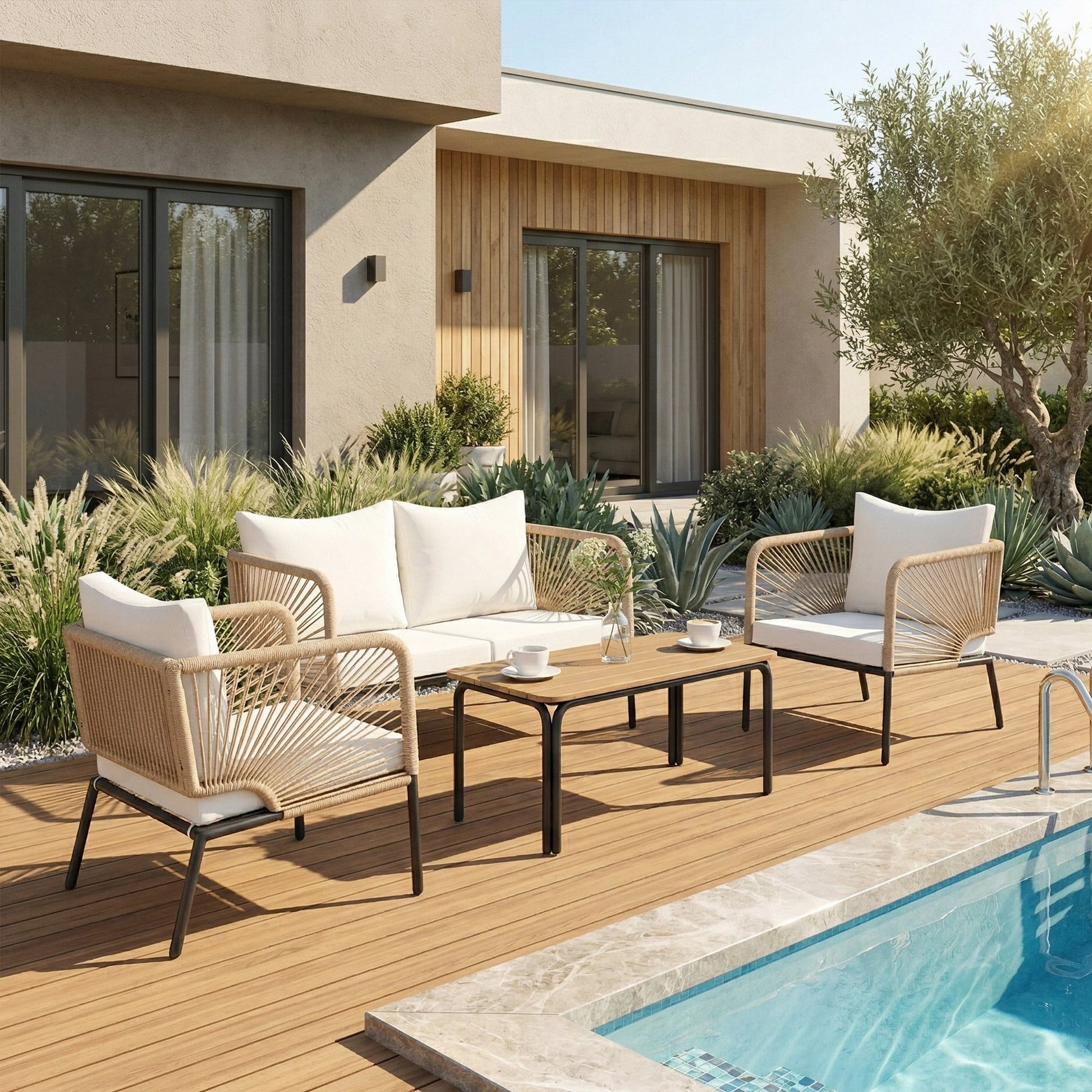 Outsunny Conjunto Jardín Exterior De 4 Piezas Sofá 2 Plazas 2 Sillones Mesa Wpc_4
