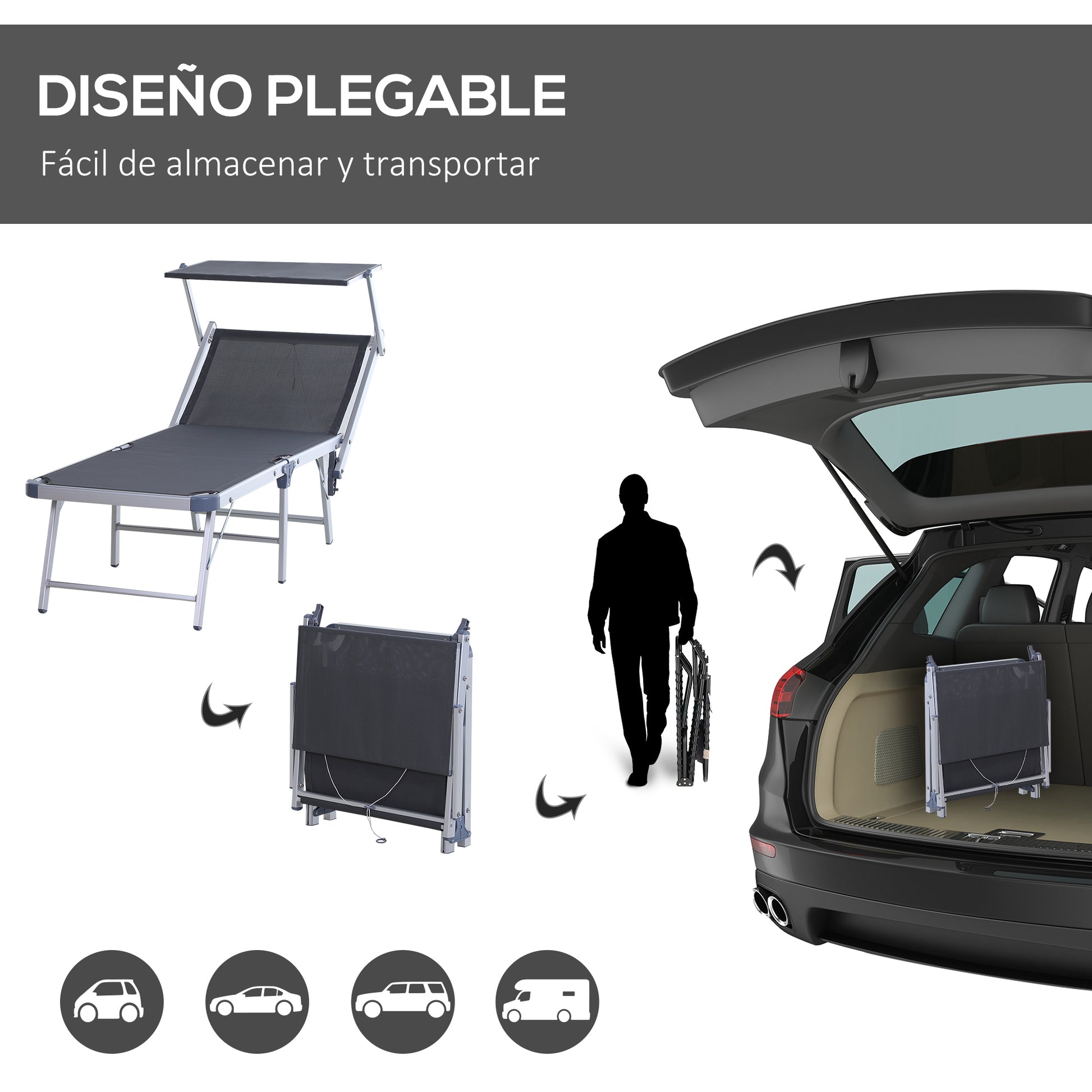 Outsunny Tumbona Reclinable Y Plegable Con Toldo 169x72x50/70cm Gris_5