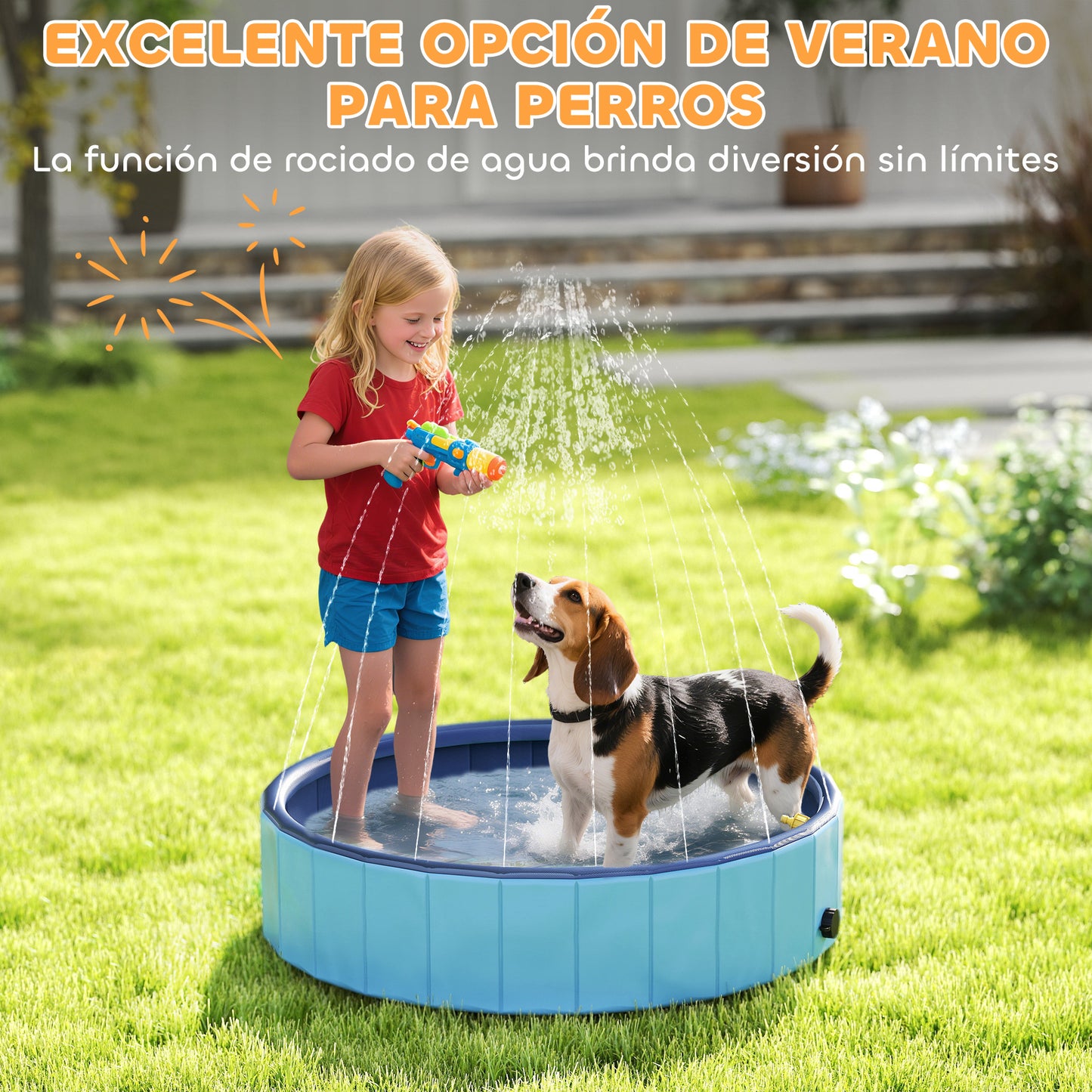 Pawhut Piscina Para Perros Plegable Con Aspersor Antideslizante Resistente Azul_4