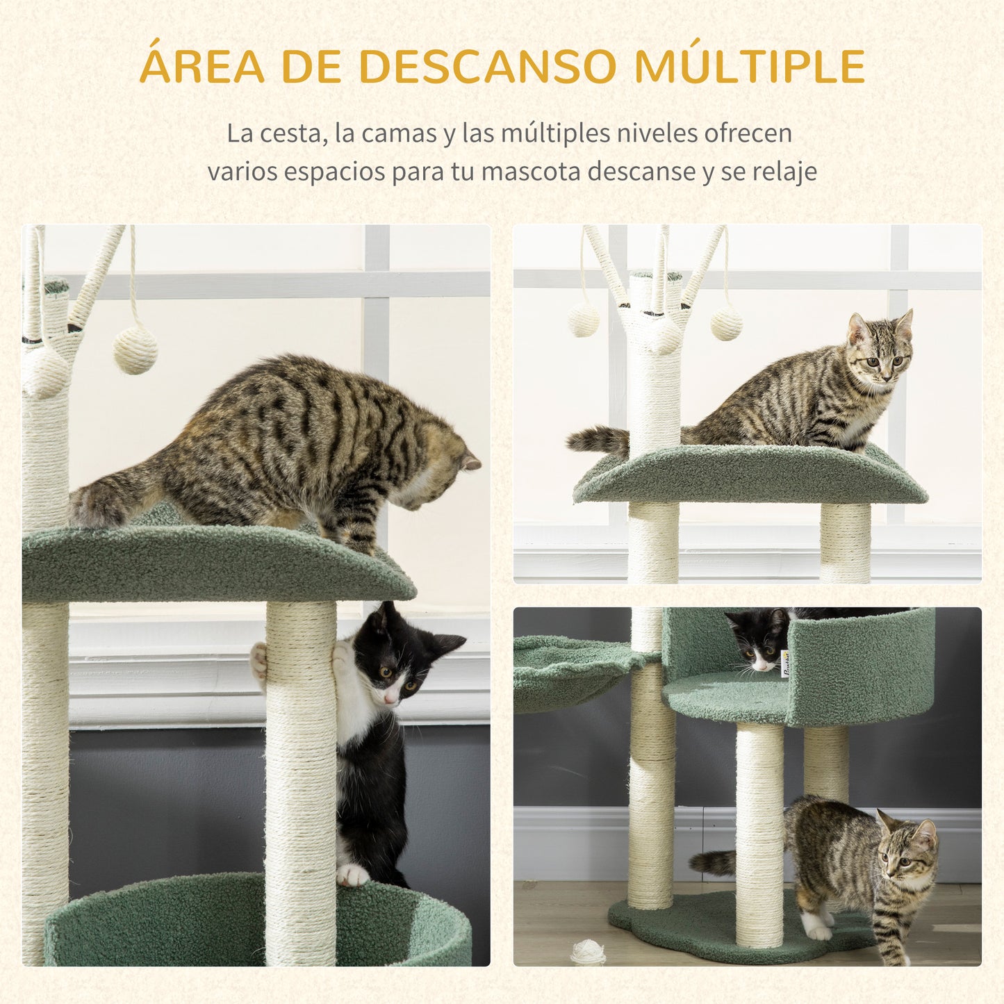 Pawhut Árbol Rascador Para Gatos Con Hamaca Postes De Sisal Bolas 44x43x123 Cm_5