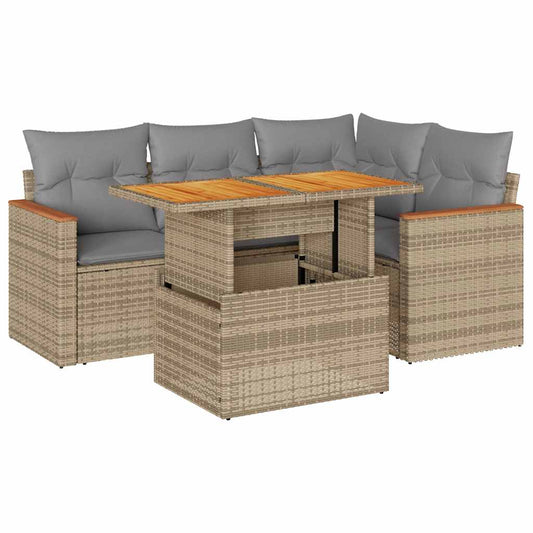 Set Sofás Jardín Y Cojines 5 Pzas Ratán Sintético Acacia Beige / Vetonek_0