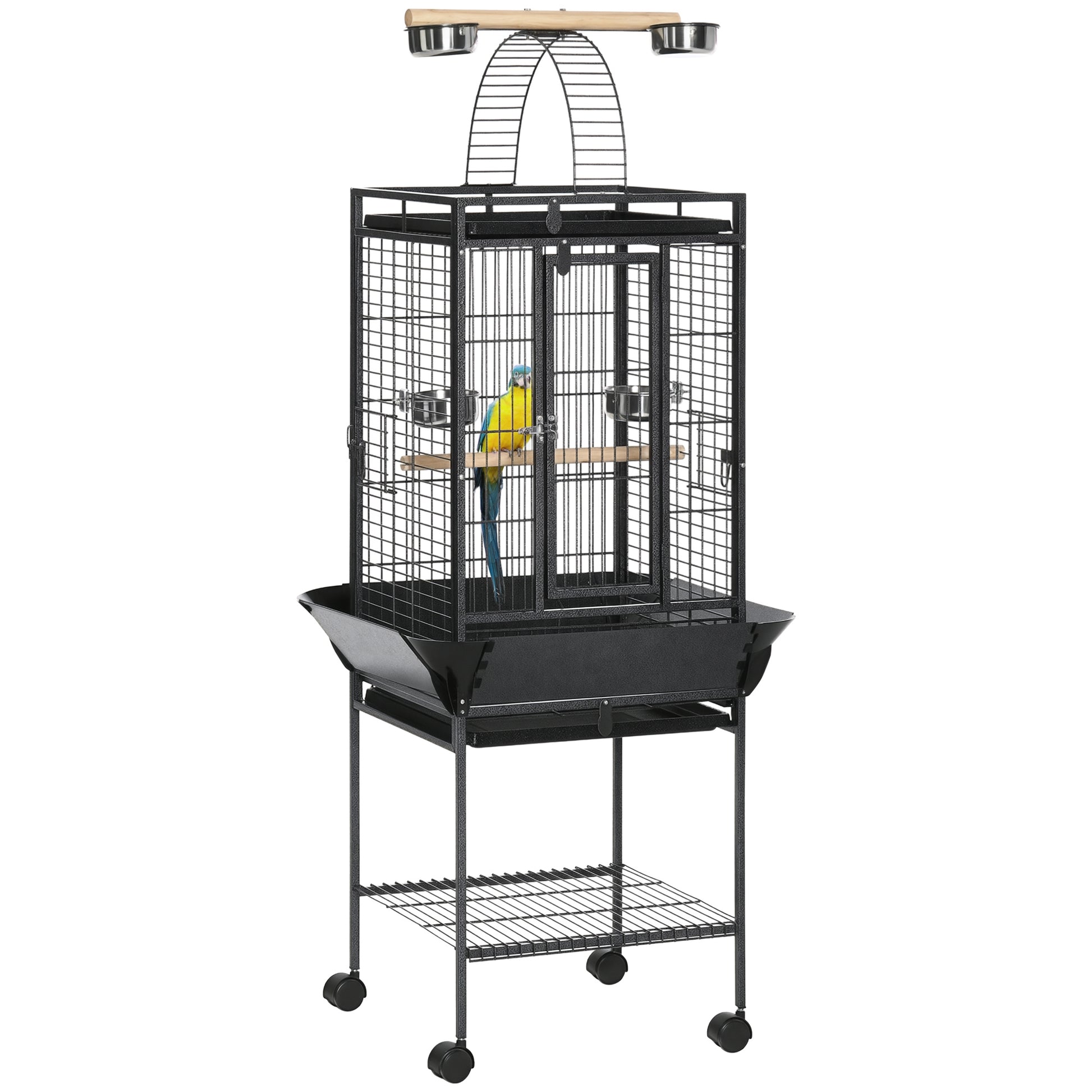 Pawhut Jaula Para Pájaros Con Soporte Ruedas 62,5x62,5x156cm 4 Comederos Gris_0