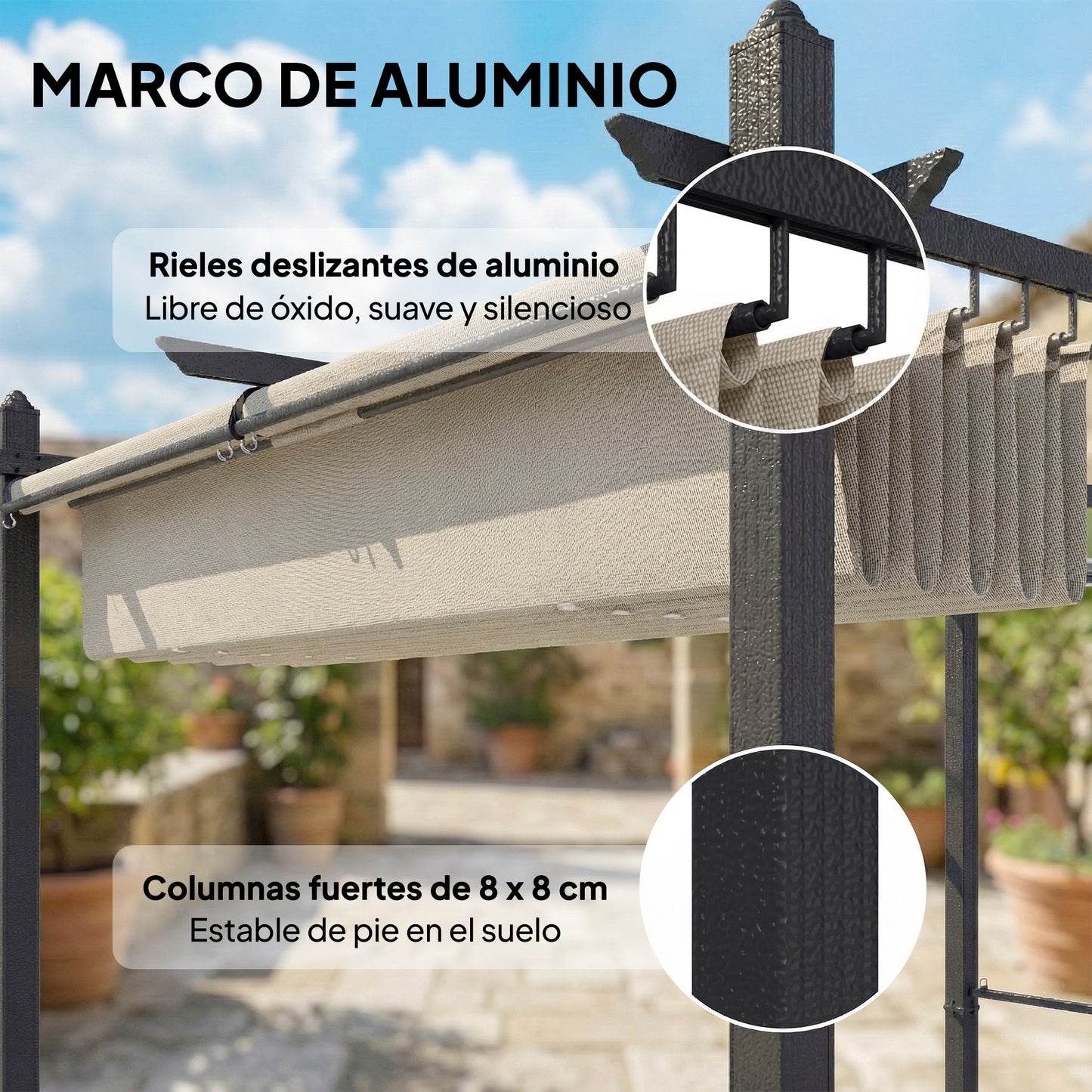 Outsunny Pérgola De Jardín 4x3 M Con Techo Retráctil Cortinas Automáticas Crema_5