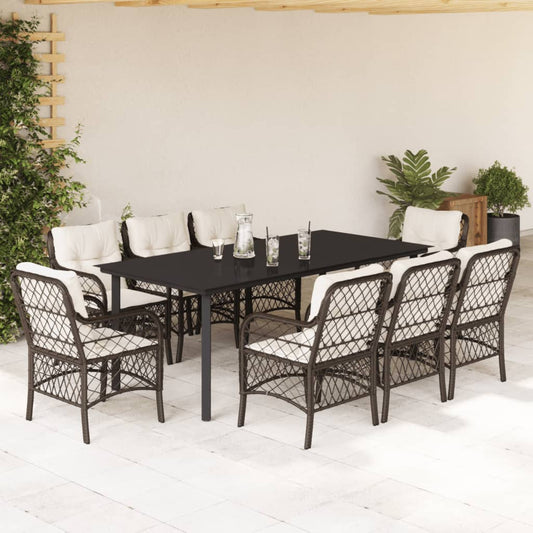 Set Comedor Para Jardín 9 Pzas Y Cojines Ratán Sintético Marrón / Vetonek_0