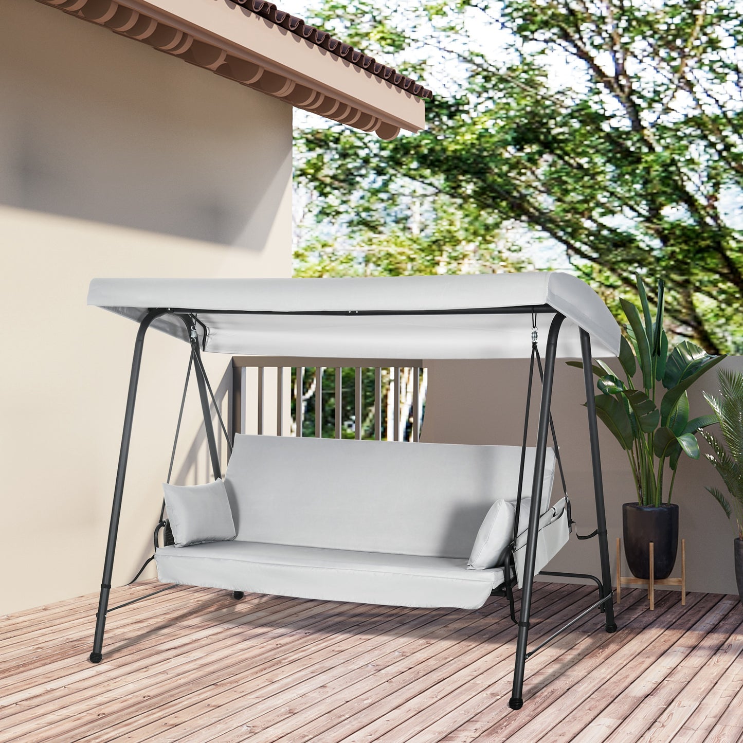 Outsunny Columpio De Jardín De 3 Plazas Convertible En Cama 236x138x185 Cm Gris_1