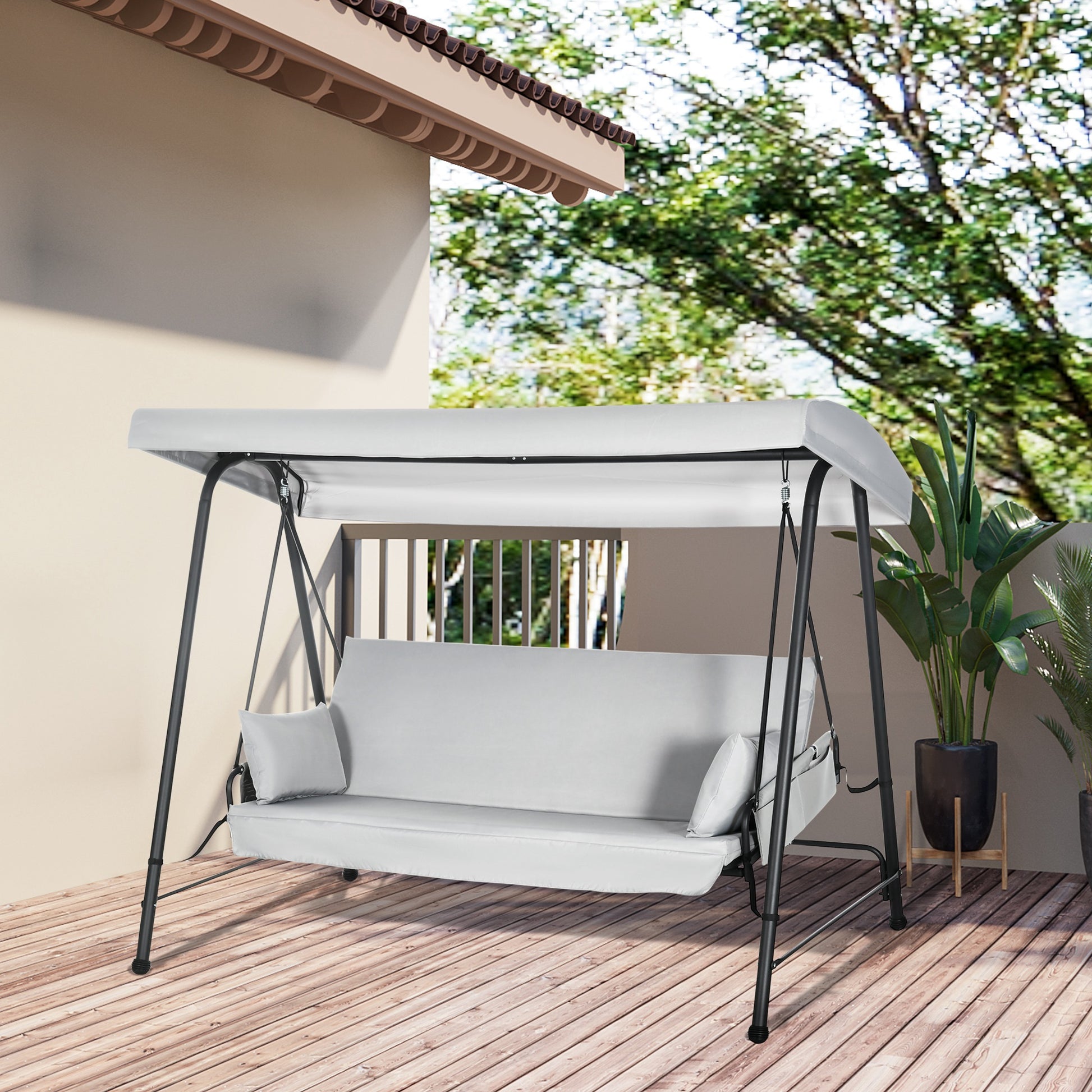 Outsunny Columpio De Jardín De 3 Plazas Convertible En Cama 236x138x185 Cm Gris_1