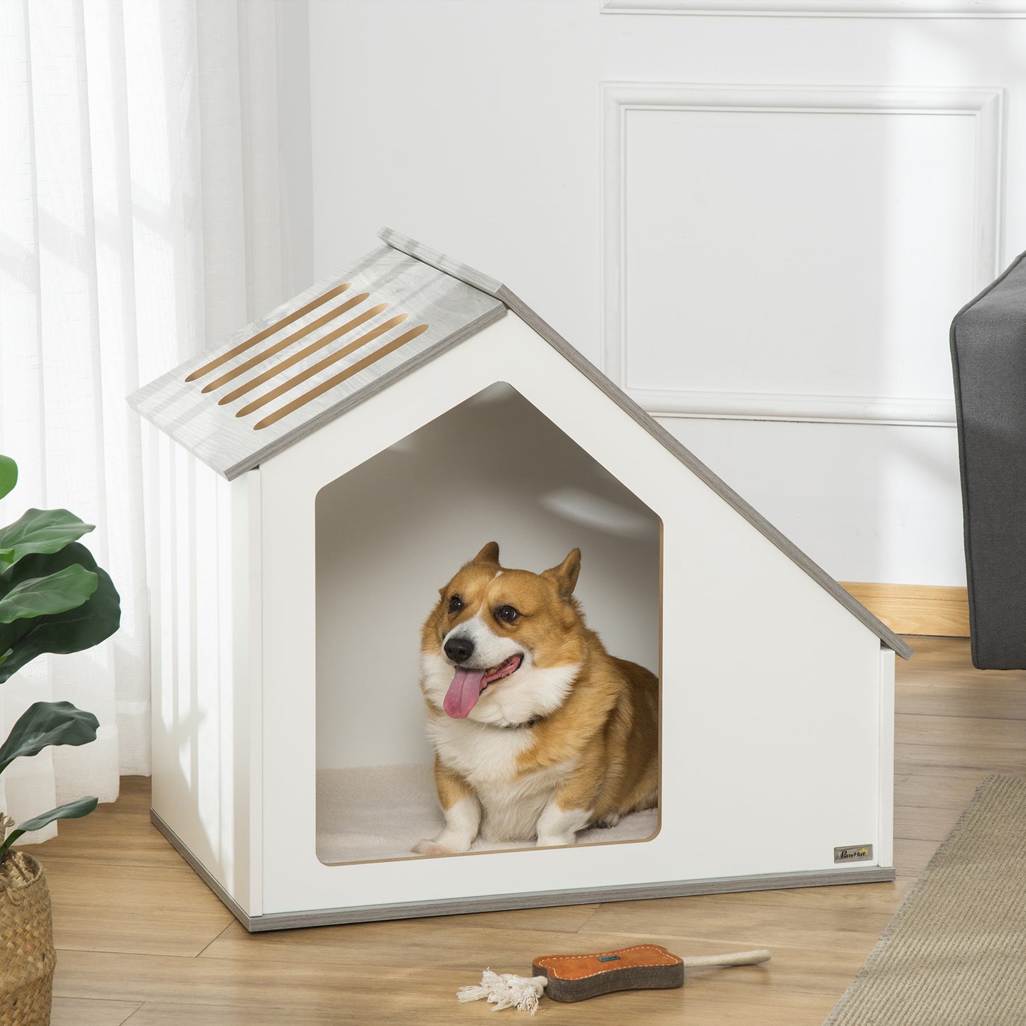 Pawhut Caseta De Madera Para Perros Interior Cojín Lavable 84,5x54,5x75cm Blanco_1