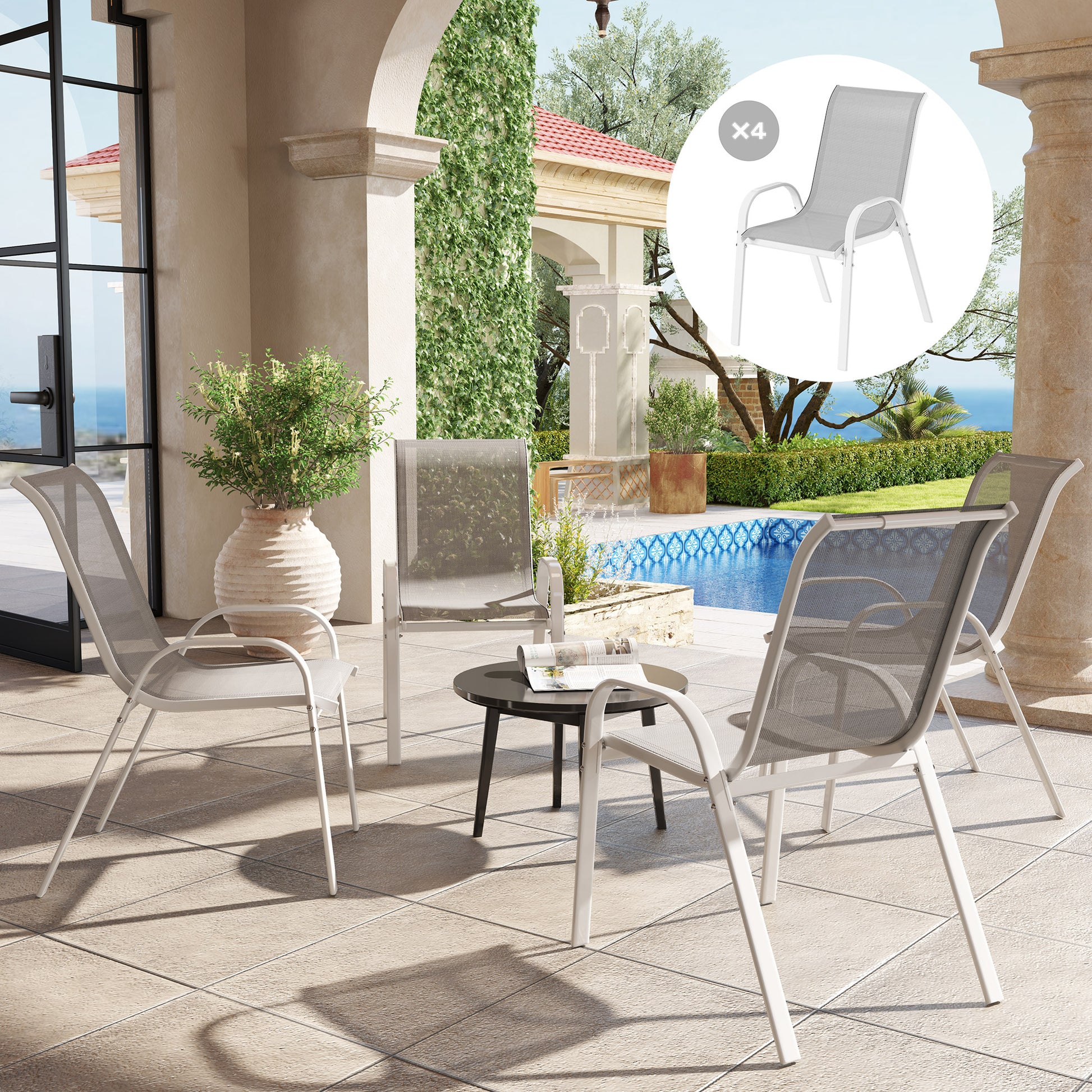 Outsunny Juego De 4 Sillas De Jardín Exterior Apilables 54x71x93 Cm Gris Blanco_1