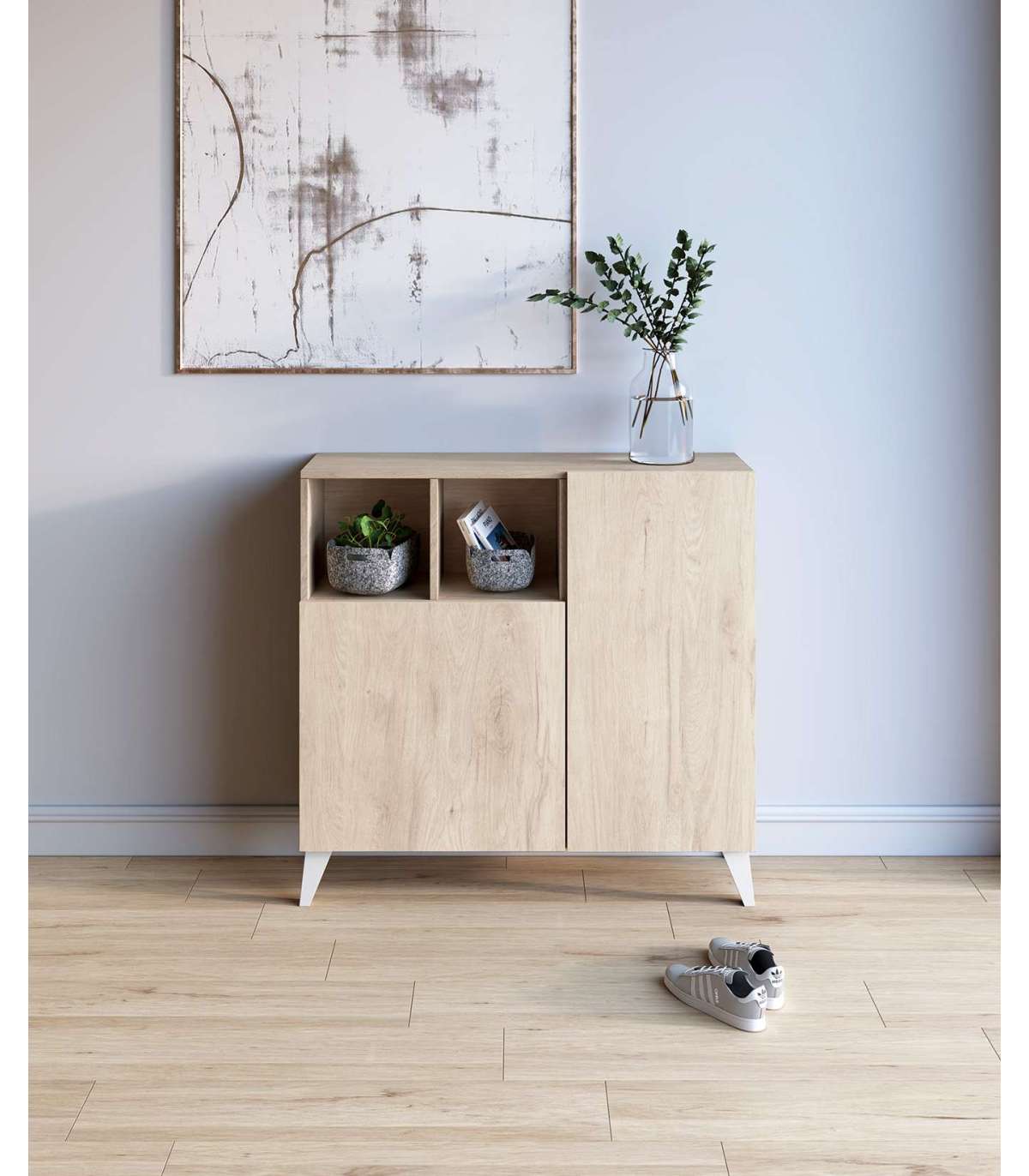 Zapatero Modelo 510, Acabado Roble Claro, Patas Blanco, 90x90x26 (alto X Ancho X Fondo)_1