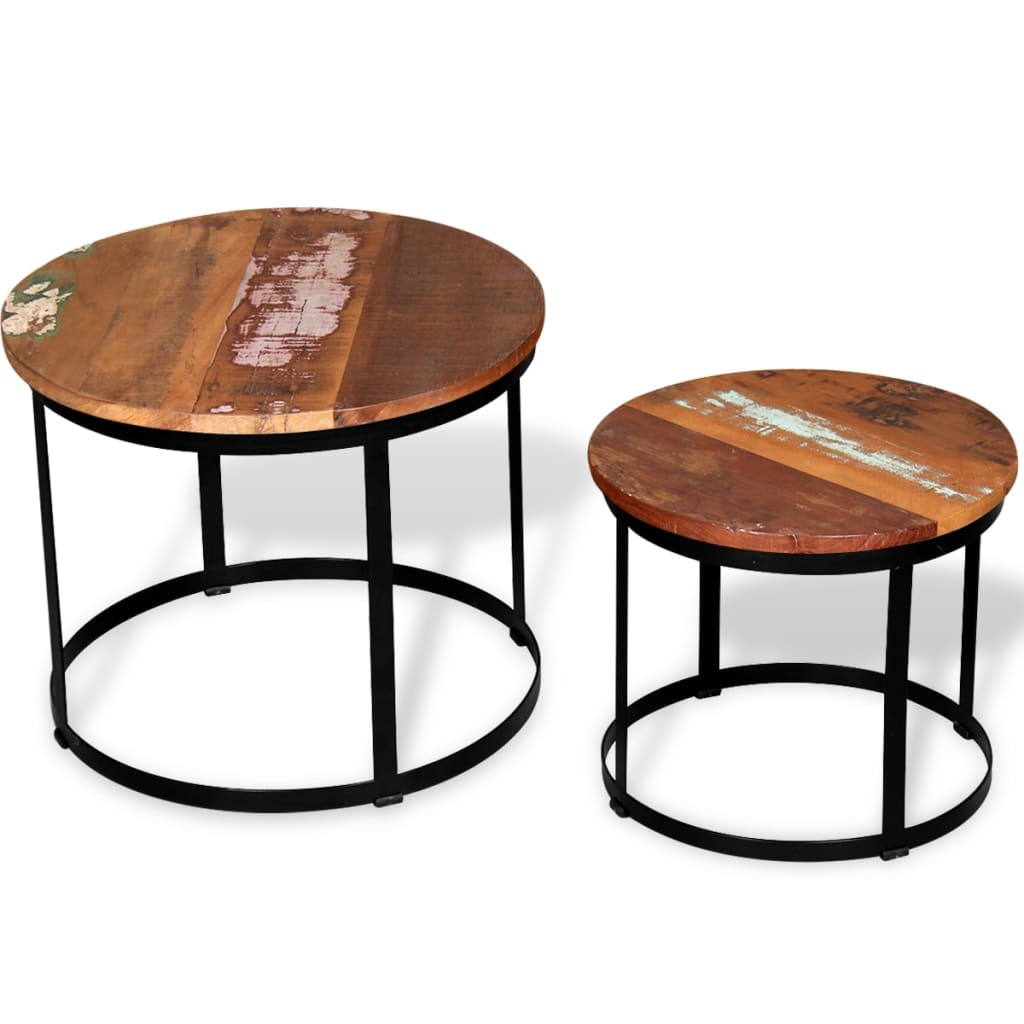 Mesa De Centro Redonda 2 Uds Madera Maciza Reciclada 40cm/50cm_1