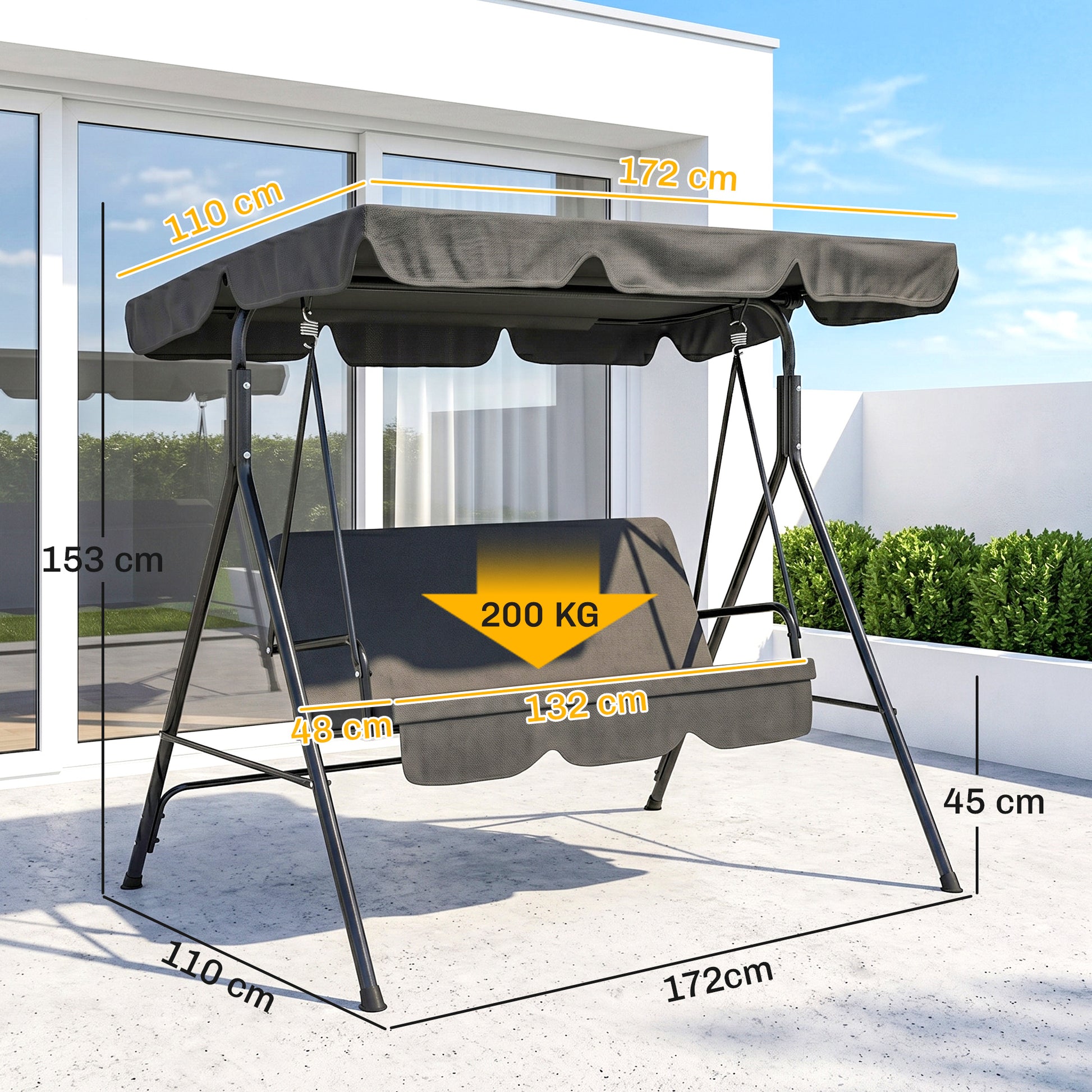 Outsunny Columpio De Jardín De 3 Plazas Con Techo Ajustable 172x110x153cm Negro_2