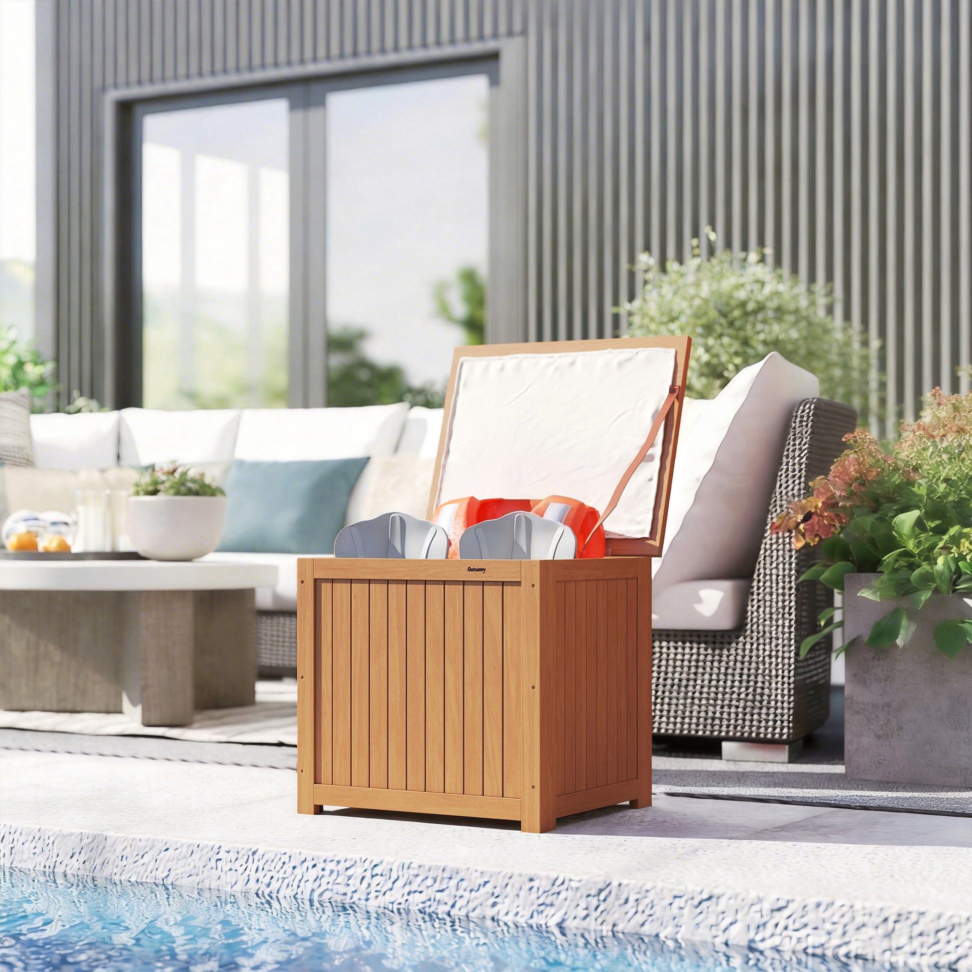 Outsunny Arcón Exterior De Madera 130l Con Forro Y Tapa Con Bisagras Marrón_3