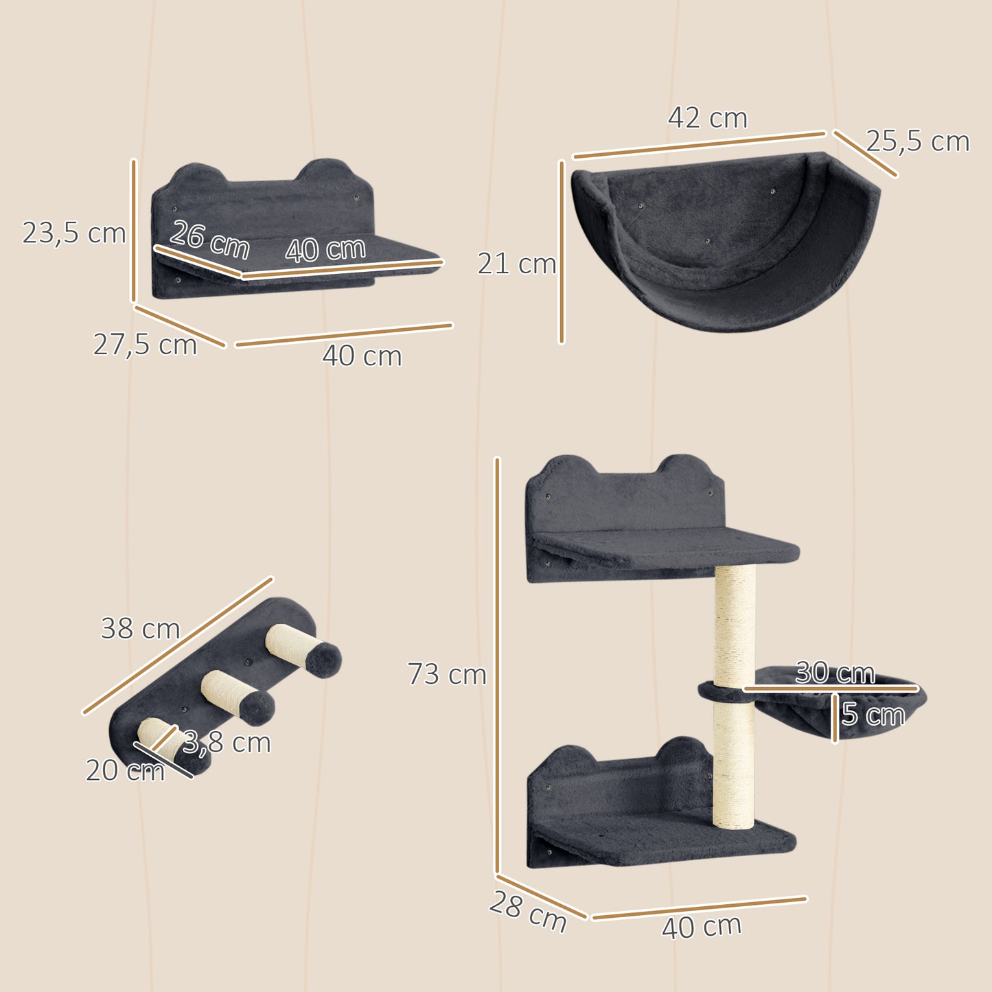 Pawhut Set De Escalada Para Gatos De Pared Con Hamaca Plataformas Gris Oscuro_2