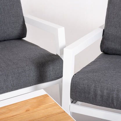 Conjunto De Sofás De Jardín, Mesa Con Tablero De Madera Y Aluminio + 2 Sillones + 1 Sofá De 3 Plazas, Color Blanco_3