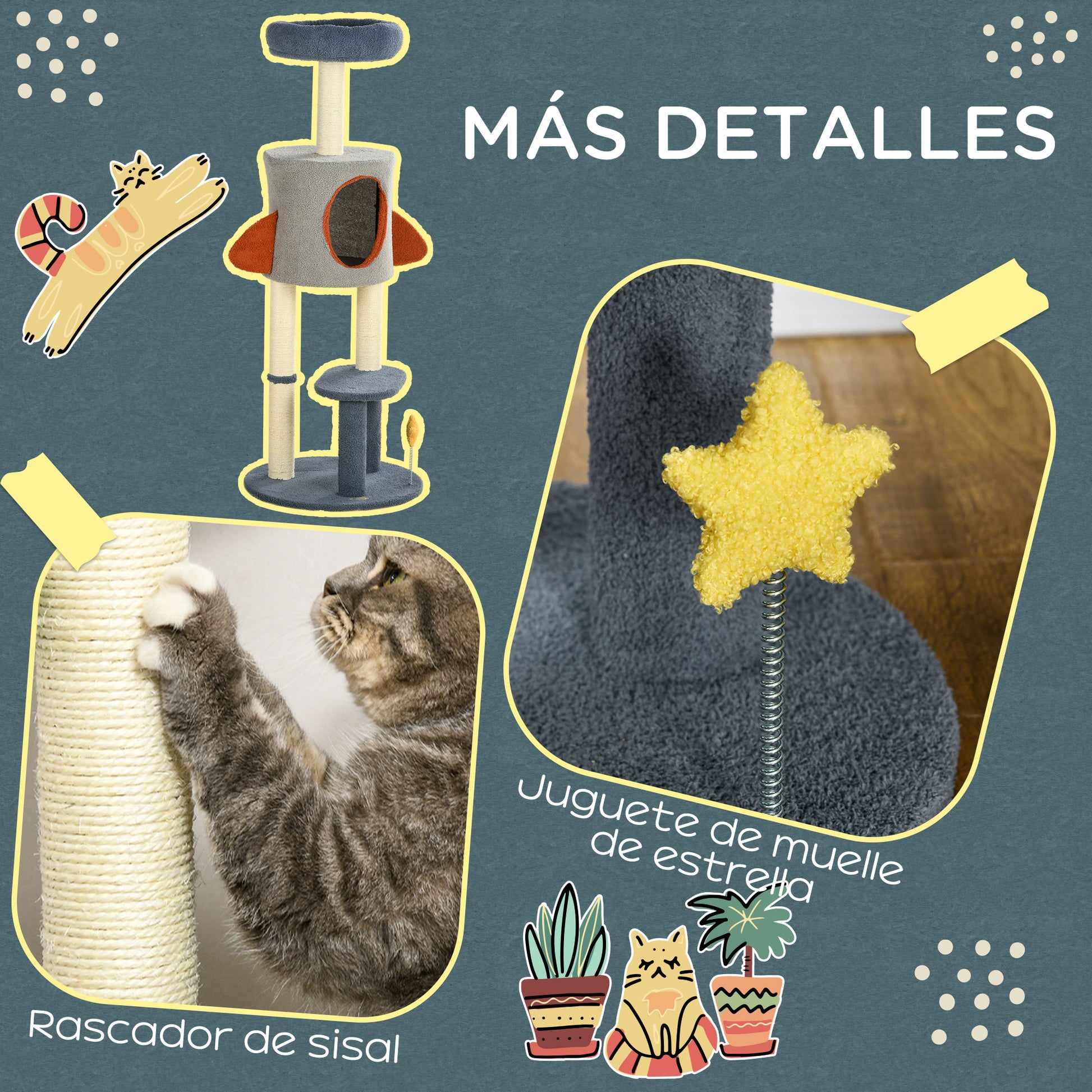 Pawhut Árbol Rascador Para Gatos De 116 Cm Tipo De Cohete Con Postes Cama Azul_5