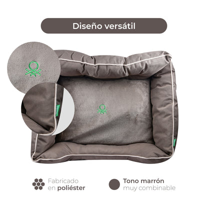 Cama Para Mascota 75x60x25cm Marrón + Comedero Doble De Acero En Bambú