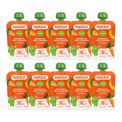 Pack 10 uds Pouches Pera, Plátano y Zanahoria Smileat 100 g