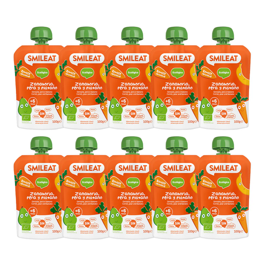 Pack 10 uds Pouches Pera, Plátano y Zanahoria Smileat 100 g
