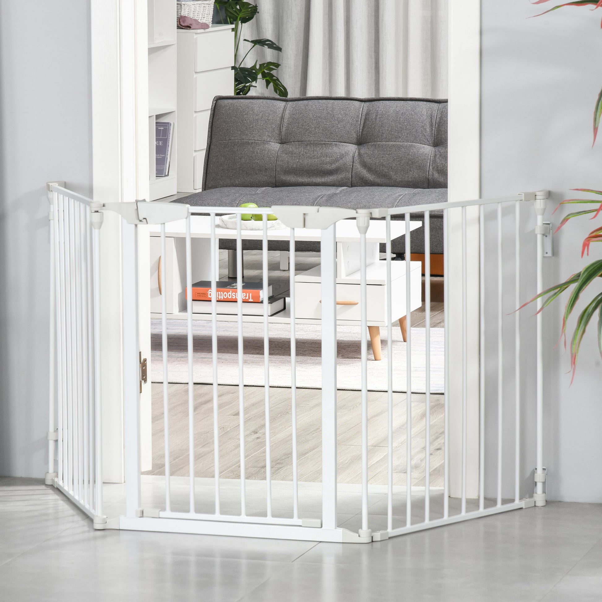 Pawhut Barrera Para Perros Plegable De 3 Paneles Con Cierre Inteligente Blanco_1