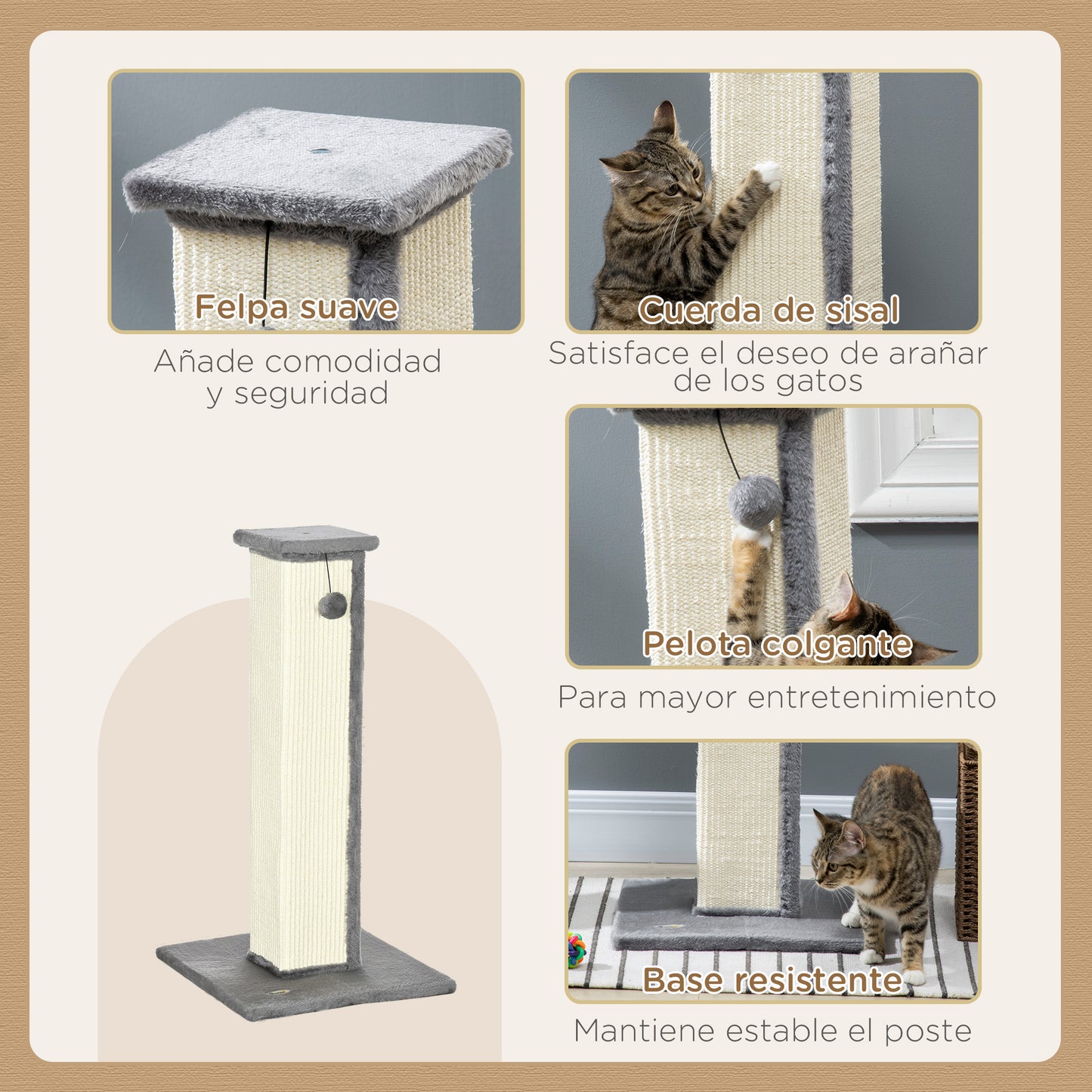 Pawhut Poste Rascador Para Gatos Altura 81 Cm Con Poste De Sisal Y Bola Colgante_4