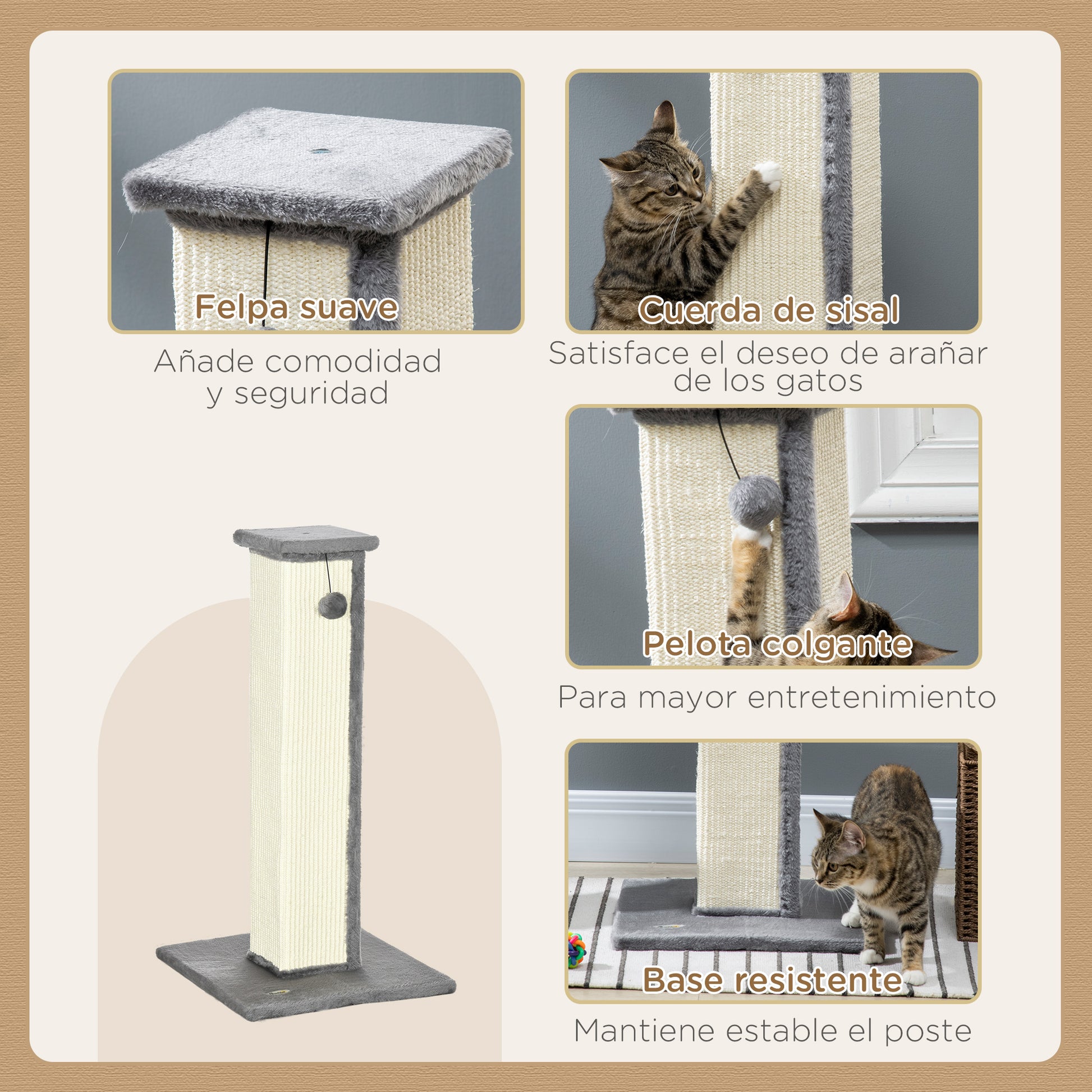Pawhut Poste Rascador Para Gatos Altura 81 Cm Con Poste De Sisal Y Bola Colgante_4