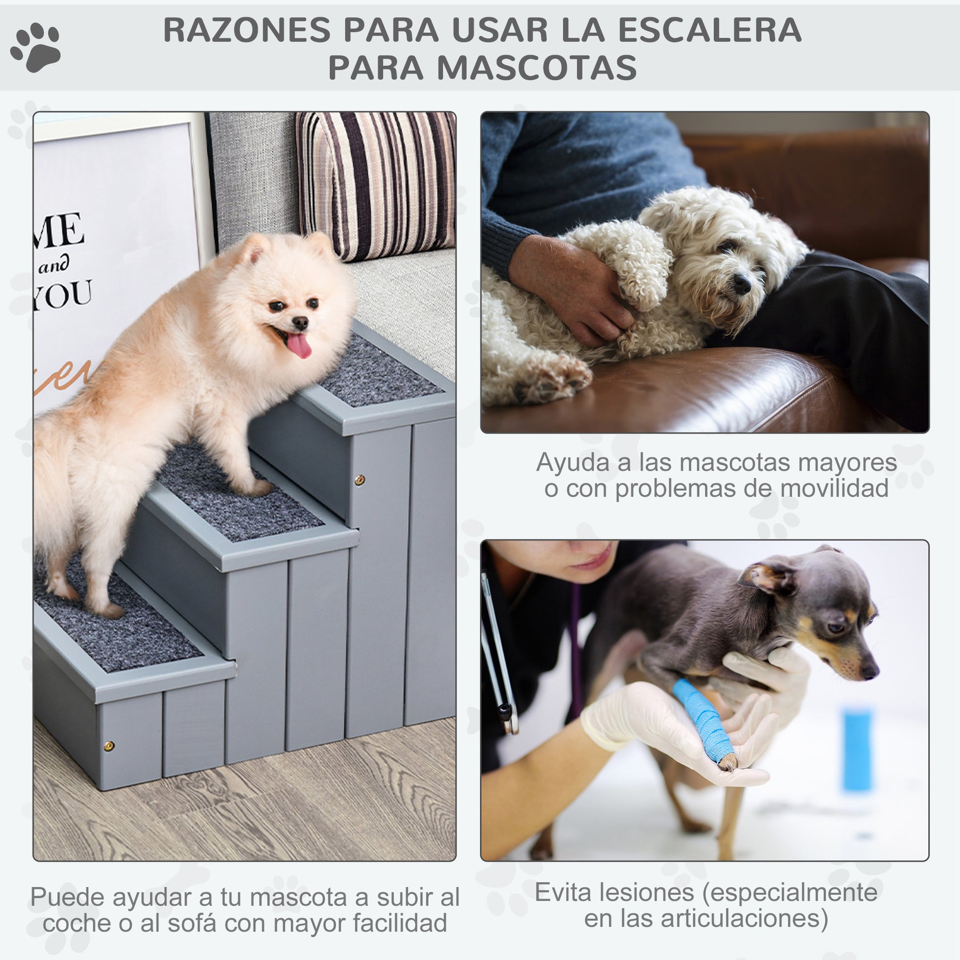 Pawhut Escalera Para Mascotas 3 Peldaños Con Espacio 40,5x44,5x38 Cm Gris_3