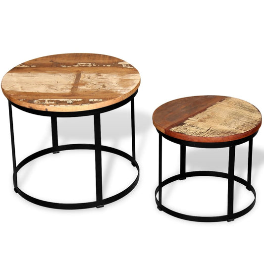 Mesa De Centro Redonda 2 Uds Madera Maciza Reciclada 40cm/50cm_0