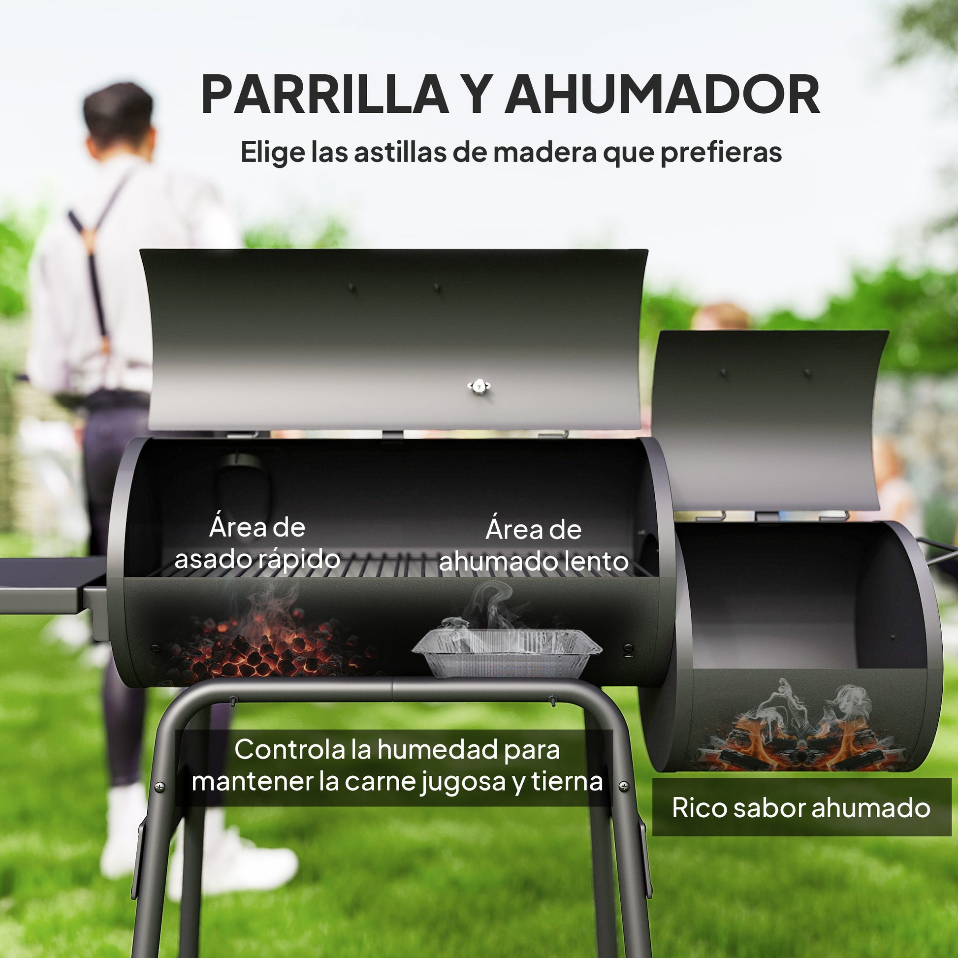 Outsunny Barbacoa De Carbón Con Termómetro Ruedas Estantes Madera 124x53x108cm_3