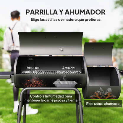 Outsunny Barbacoa De Carbón Con Termómetro Ruedas Estantes Madera 124x53x108cm_3