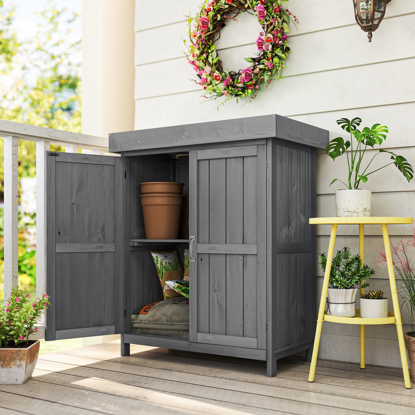 Outsunny Armario De Jardín De Madera Con 2 Puertas Techo Asfáltico 74x43x88 Cm_1