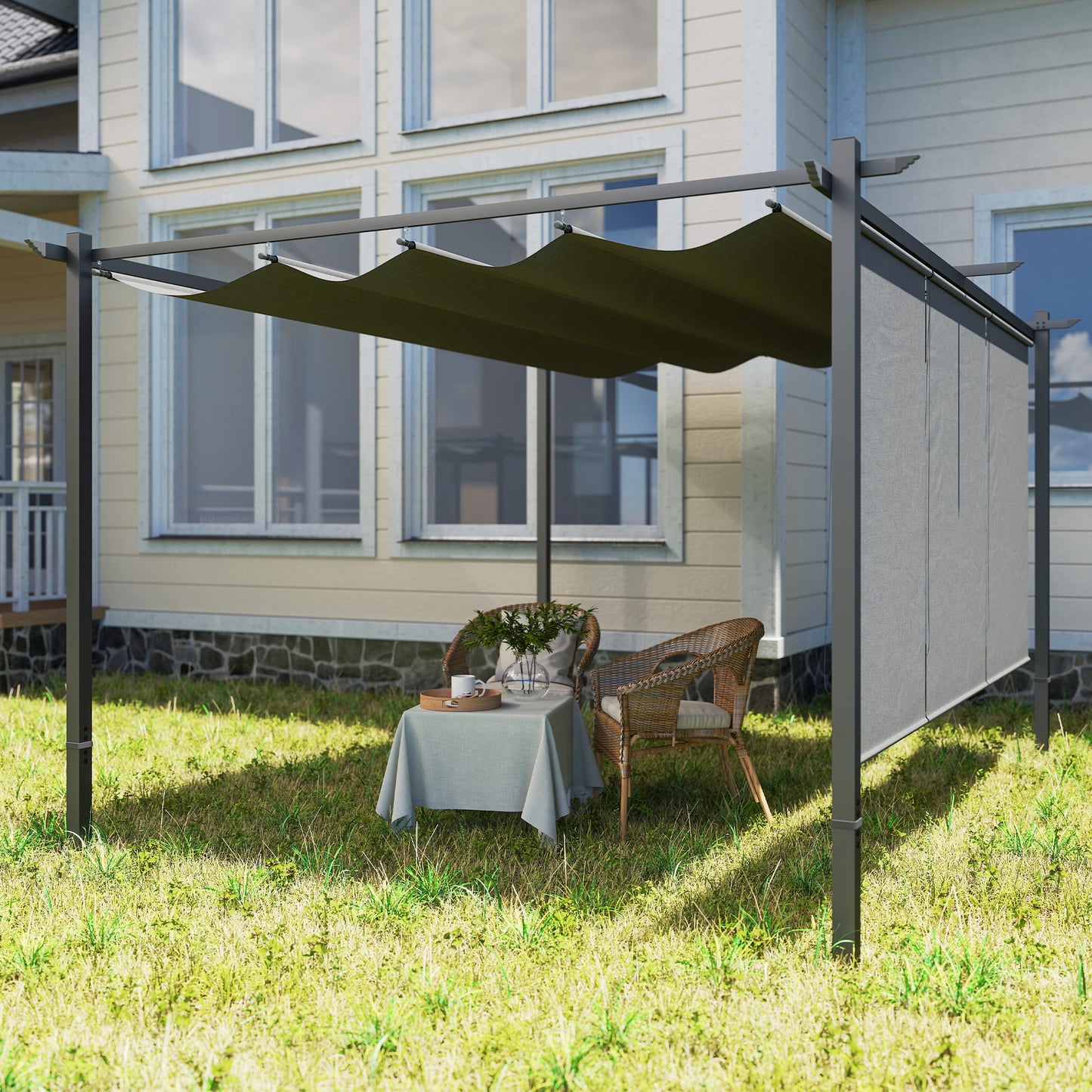 Outsunny Pérgola De Jardín 4x3 M Con Techo Retráctil Y 3 Laterales Enrollables_4