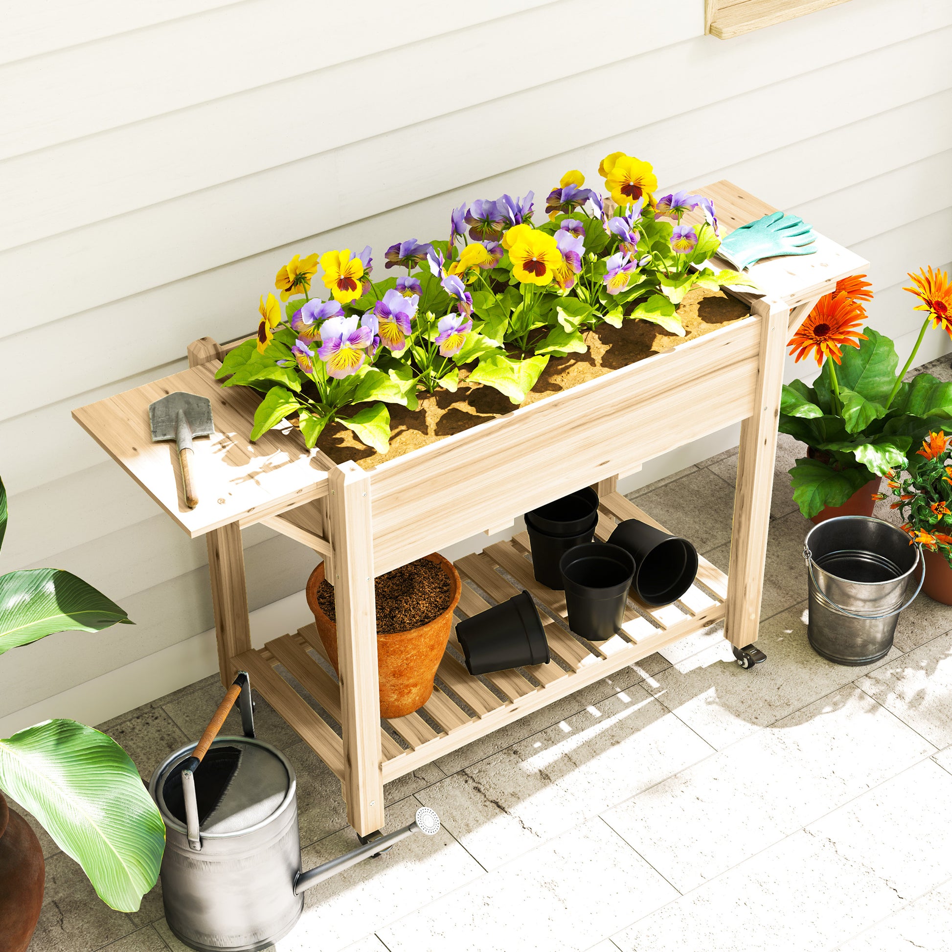 Outsunny Huerto Urbano Con Ruedas Repisas Plegables 145x52x86 Cm Natural_4